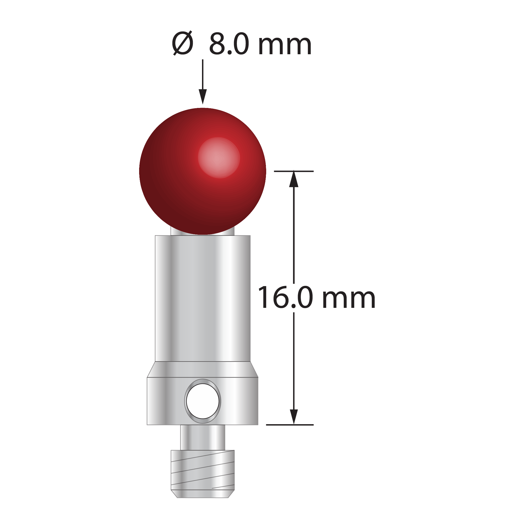 M4 stylus with 8.0 mm diameter ruby ball, 6.0 mm diameter stainless steel stem, and 7.0 mm diameter stainless steel base. Stylus length to ball center is 16.0 mm. Stylus weight is 4.28 grams. Compare to Renishaw A-5000-7557 and Mitutoyo K651191.