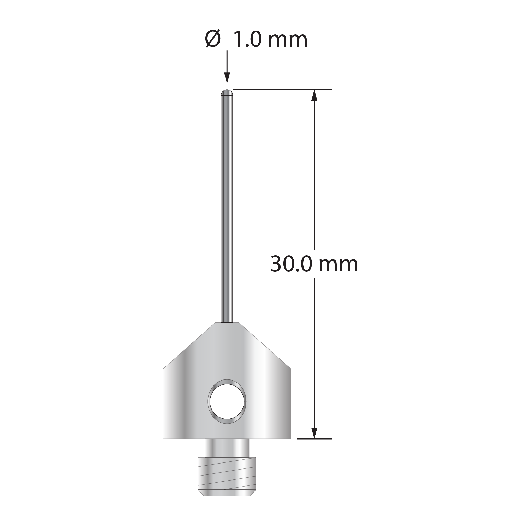M5 stylus with 1.0 mm diameter carbide cylinder and 11.0 mm diameter x 10.0 mm long stainless steel base. Overall stylus length is 30.0 mm. Stylus weight is 5.74 grams.