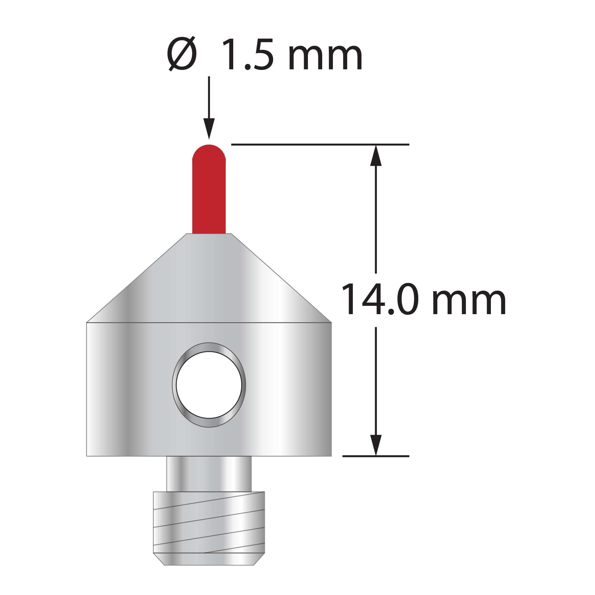 M5 stylus with 1.5 mm diameter ruby cylinder and 11 mm diameter x 10 mm long stainless steel base. Overall stylus length is 14.0 mm. Stylus weight is 5.52 grams.