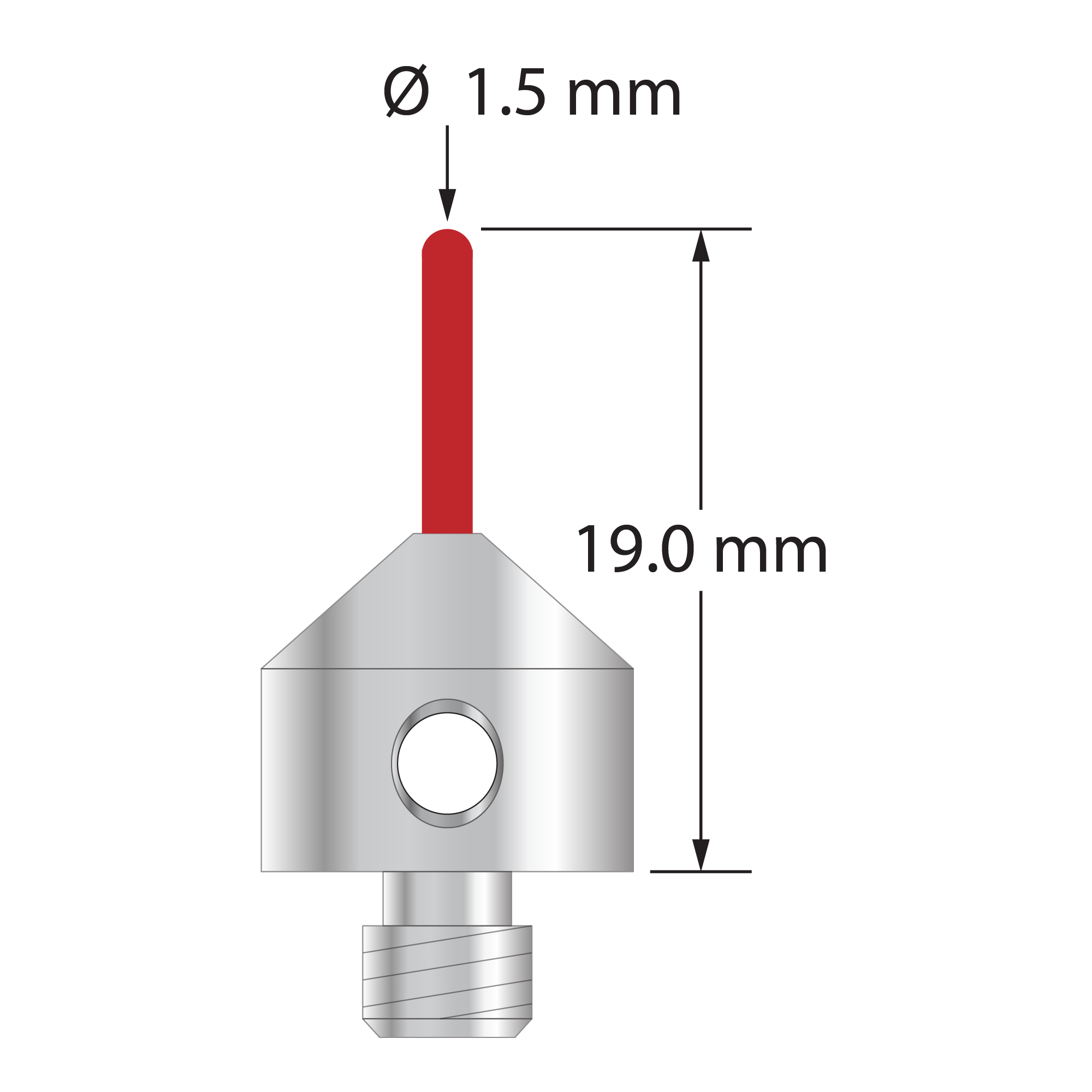 M5 stylus with 1.5 mm diameter ruby cylinder and 11 mm diameter x 10 mm long stainless steel base. Overall stylus length is 19.0 mm. Stylus weight is 5.53 grams.