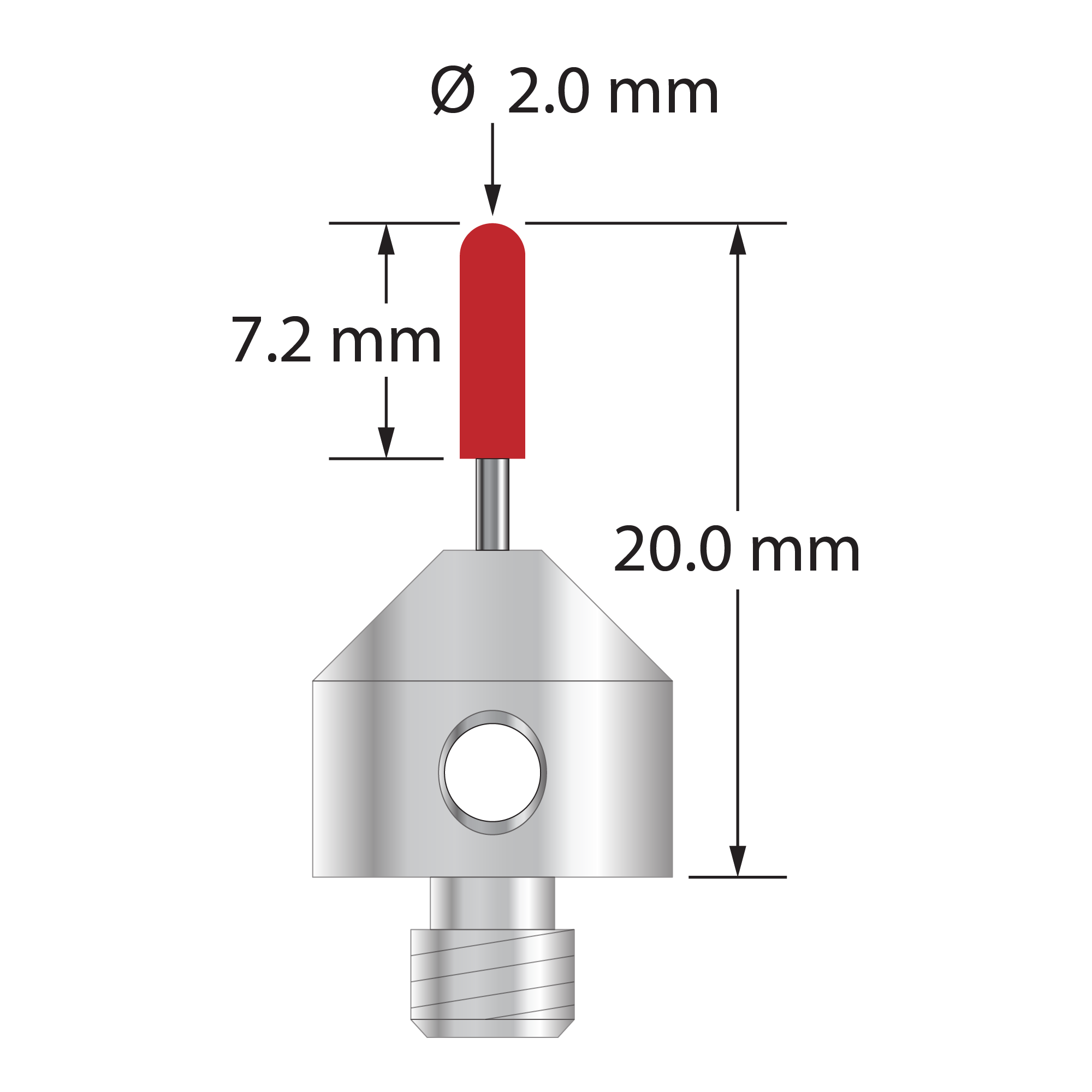 M5 stylus with 2.0 mm diameter ruby cylinder, 1.0 mm diameter carbide stem, and 11.0 mm diameter x 10.0 mm long titanium base. Overall stylus length is 20.0 mm. Stylus weight is 3.35 grams. Compare to Zeiss 626115-0203-020.
