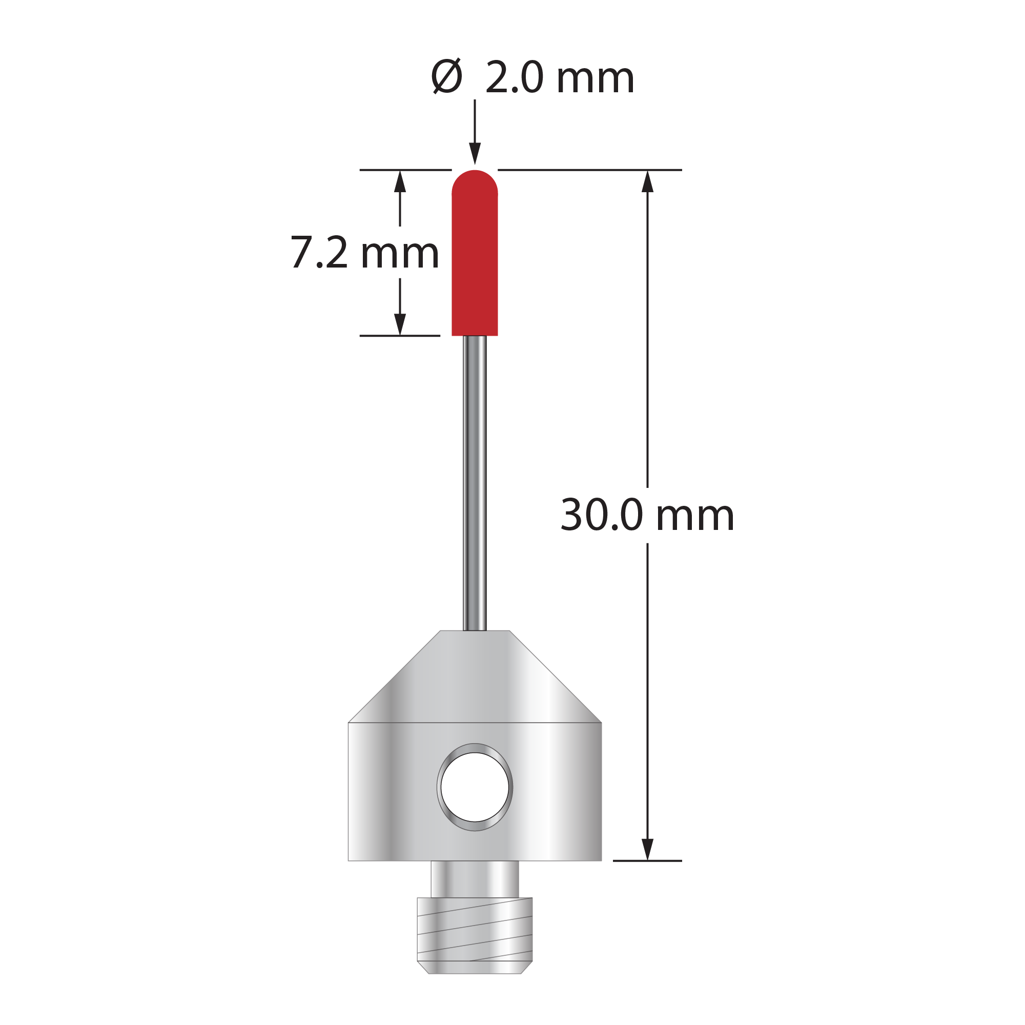 M5 stylus with 2.0 mm diameter ruby cylinder, 1.0 mm diameter carbide stem, and 11.0 mm diameter x 10.0 mm long titanium base. Overall stylus length is 30.0 mm. Stylus weight is 3.46 grams.