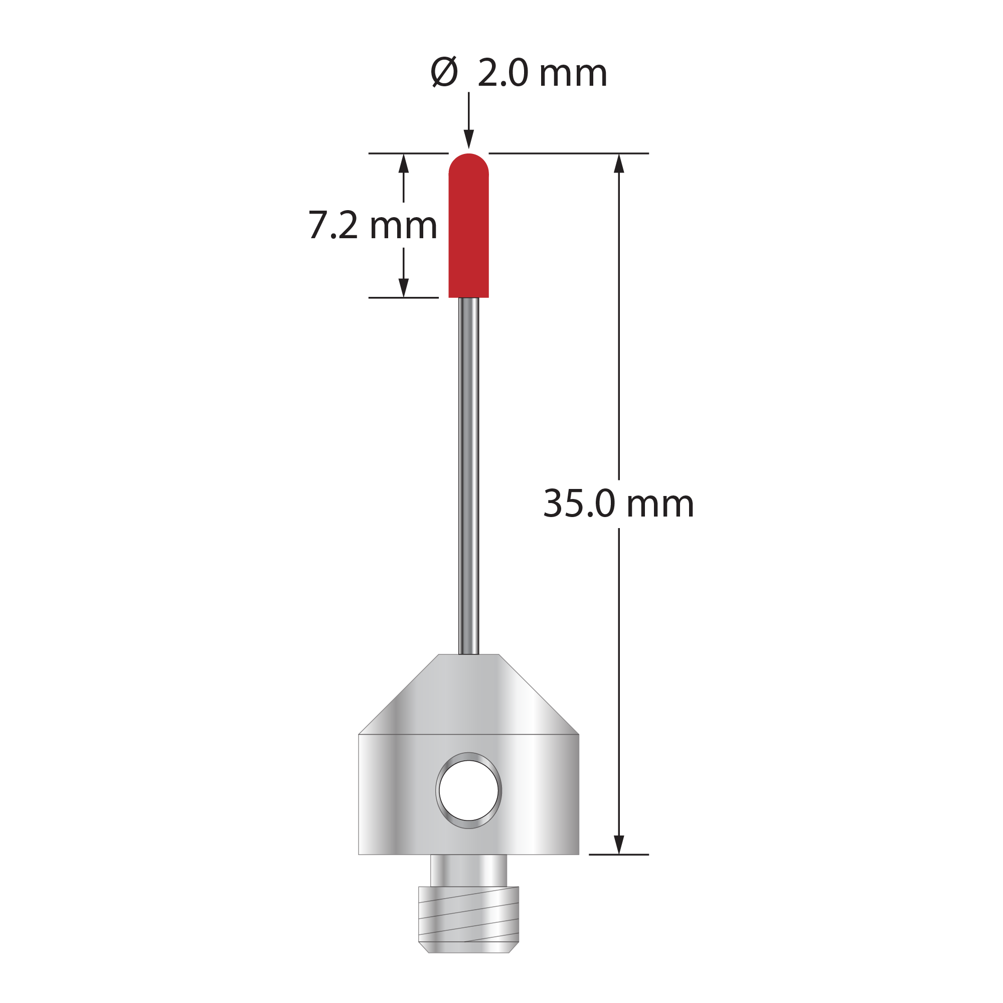 M5 stylus with 2.0 mm diameter ruby cylinder, 1.0 mm diameter carbide stem, and 11.0 mm diameter x 10.0 mm long titanium base. Overall stylus length is 30.0 mm. Stylus weight is 3.52 grams.
