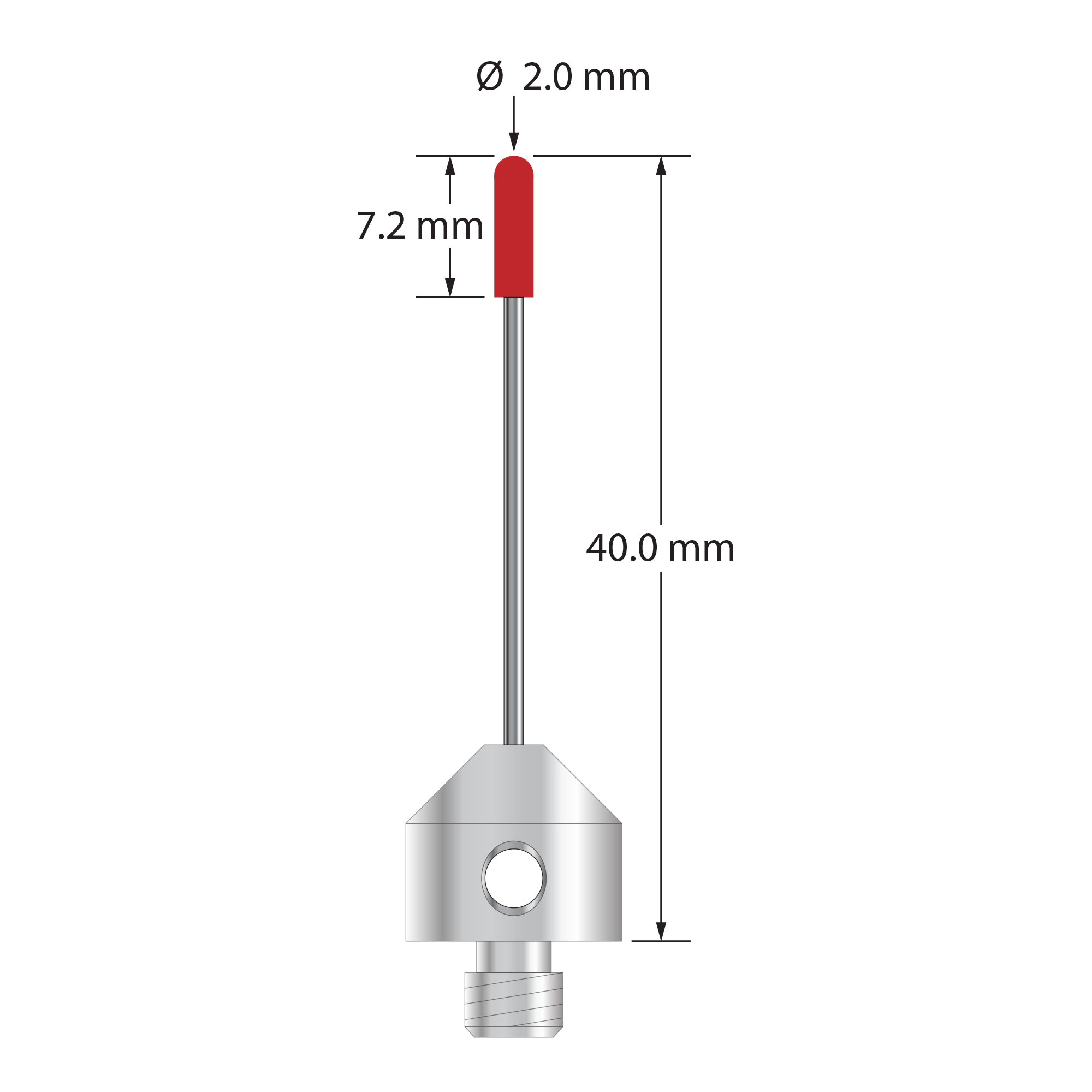 M5 stylus with 2.0 mm diameter ruby cylinder, 1.0 mm diameter carbide stem, and 11.0 mm diameter x 10.0 mm long titanium base. Overall stylus length is 40.0 mm. Stylus weight is 3.57 grams.