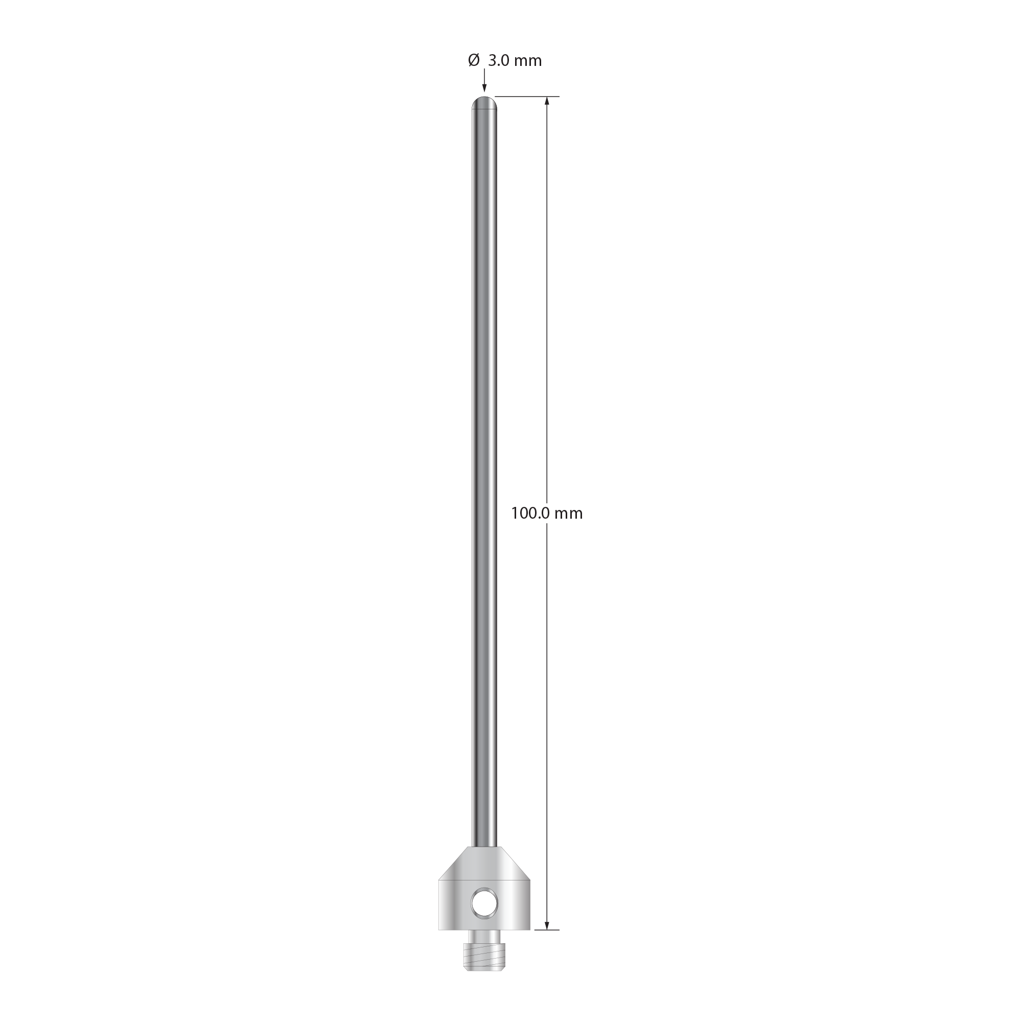 M5 stylus with 3.0 mm diameter carbide cylinder and 11.0 mm diameter x 10.0 mm long stainless steel base. Overall stylus length is 100.0 mm. Stylus weight is 14.98 grams.