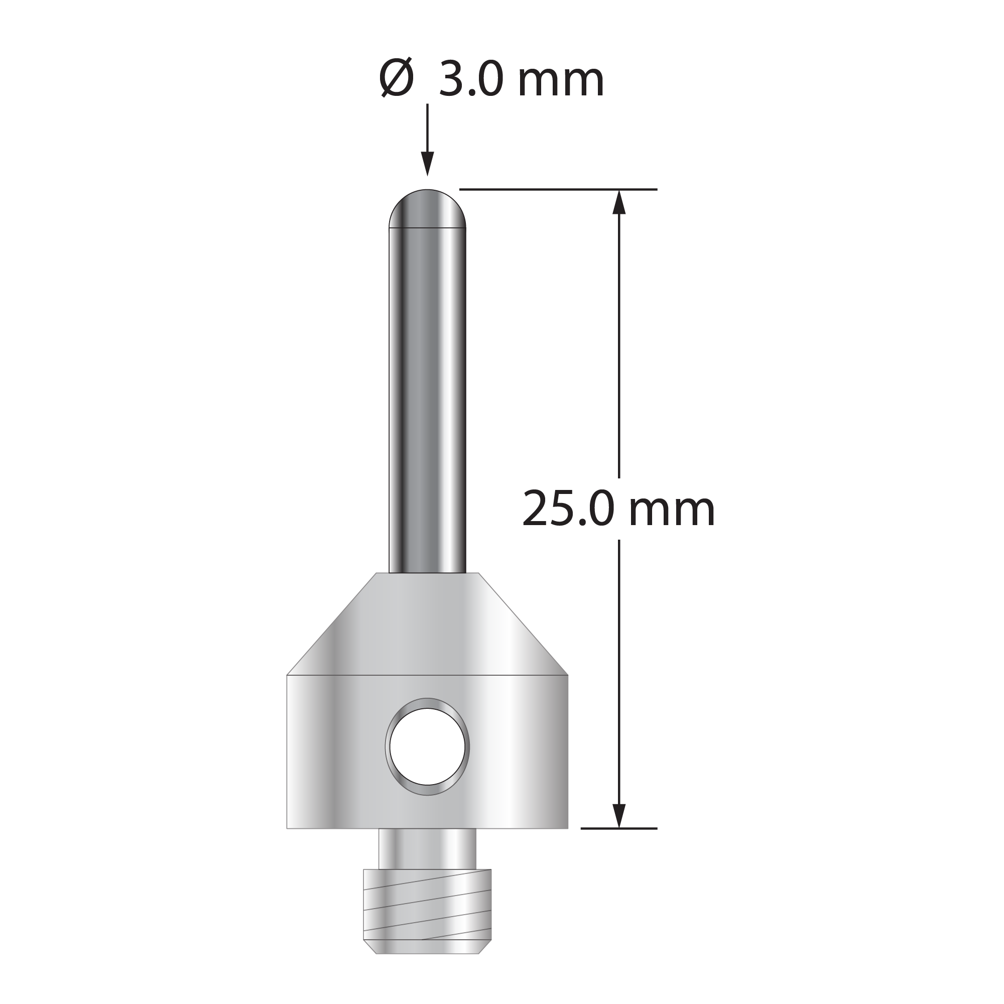 M5 stylus with 3.0 mm diameter carbide cylinder and 11.0 mm diameter x 10.0 mm long stainless steel base. Overall stylus length is 25.0 mm. Stylus weight is 7.41 grams.
