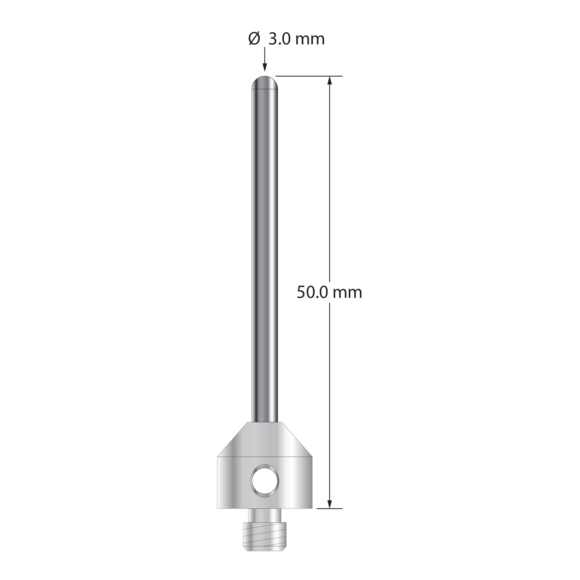 M5 stylus with 3.0 mm diameter carbide cylinder and 11.0 mm diameter x 10.0 mm long stainless steel base. Overall stylus length is 50.0 mm. Stylus weight is 9.93 grams.