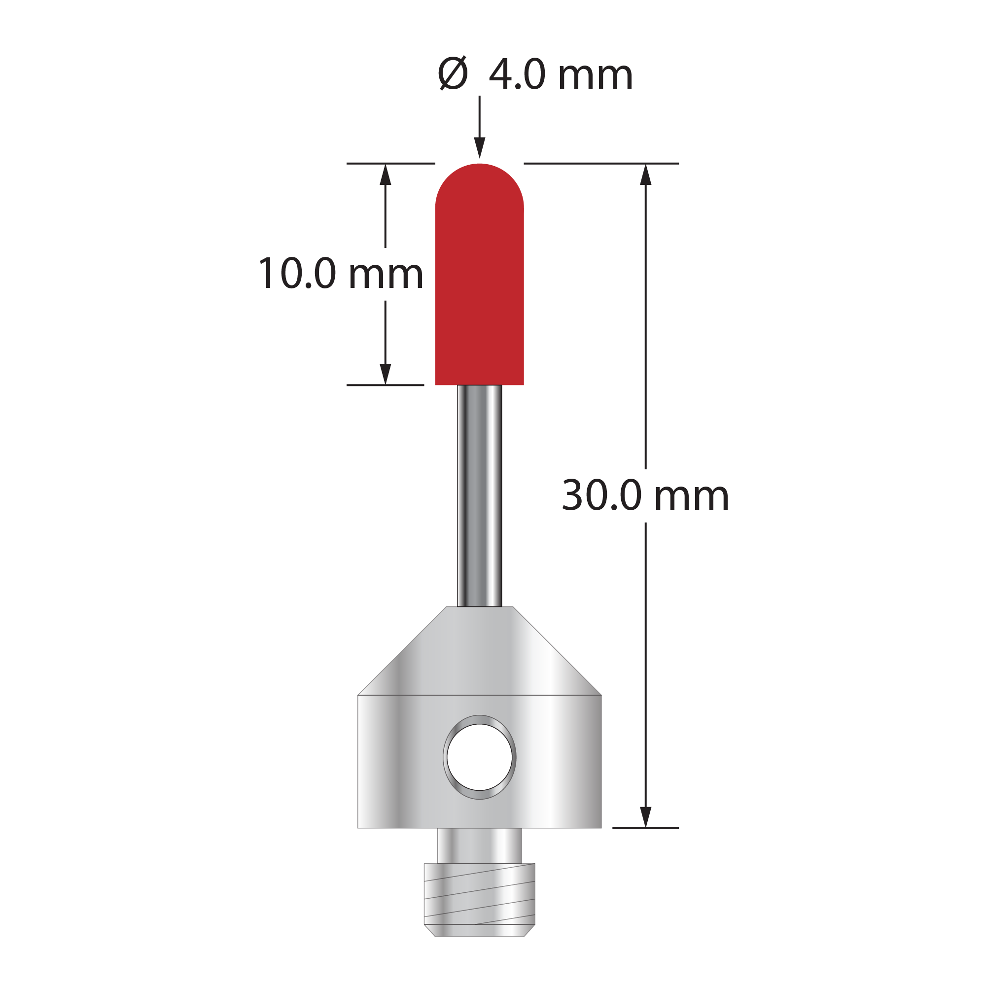 M5 stylus with 4.0 mm diameter ruby cylinder, 2.0 mm diameter carbide stem, and 11.0 mm diameter x 10.0 mm titanium base. Overall stylus length is 30.0 mm. Stylus weight is 4.54 grams.