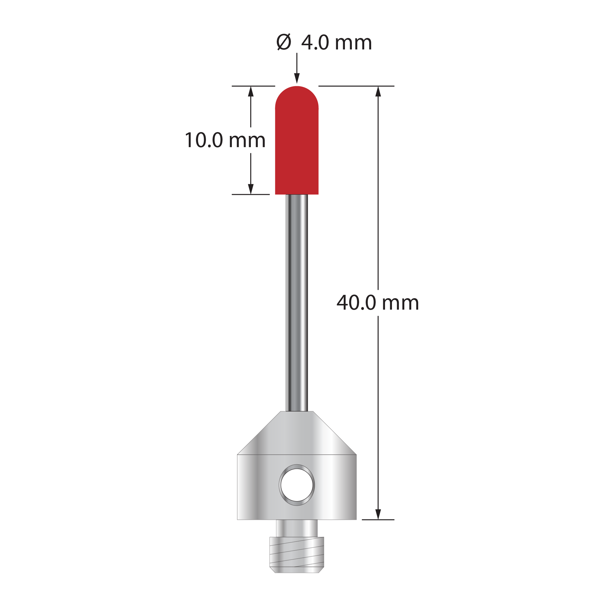 M5 stylus with 4.0 mm diameter ruby cylinder, 2.0 mm diameter carbide stem, and 11.0 mm diameter x 10.0 mm long titanium base. Overall stylus length is 40.0 mm. Stylus weight is 4.99 grams.