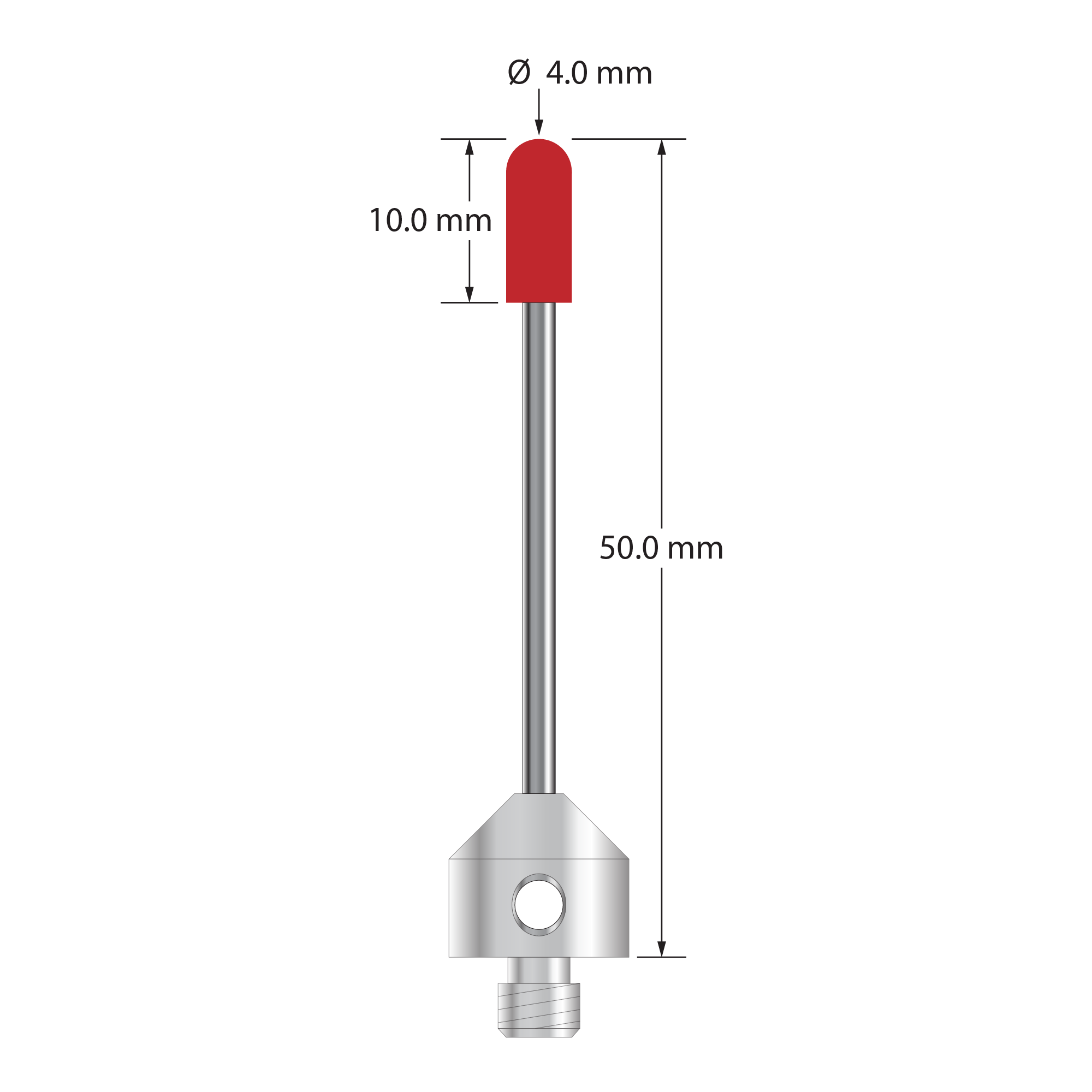 M5 stylus with 4.0 mm diameter ruby cylinder, 2.0 mm diameter carbide stem, and 11.0 mm diameter x 10.0 mm long titanium base. Overall stylus length is 50.0 mm. Stylus weight is 5.54 grams.
