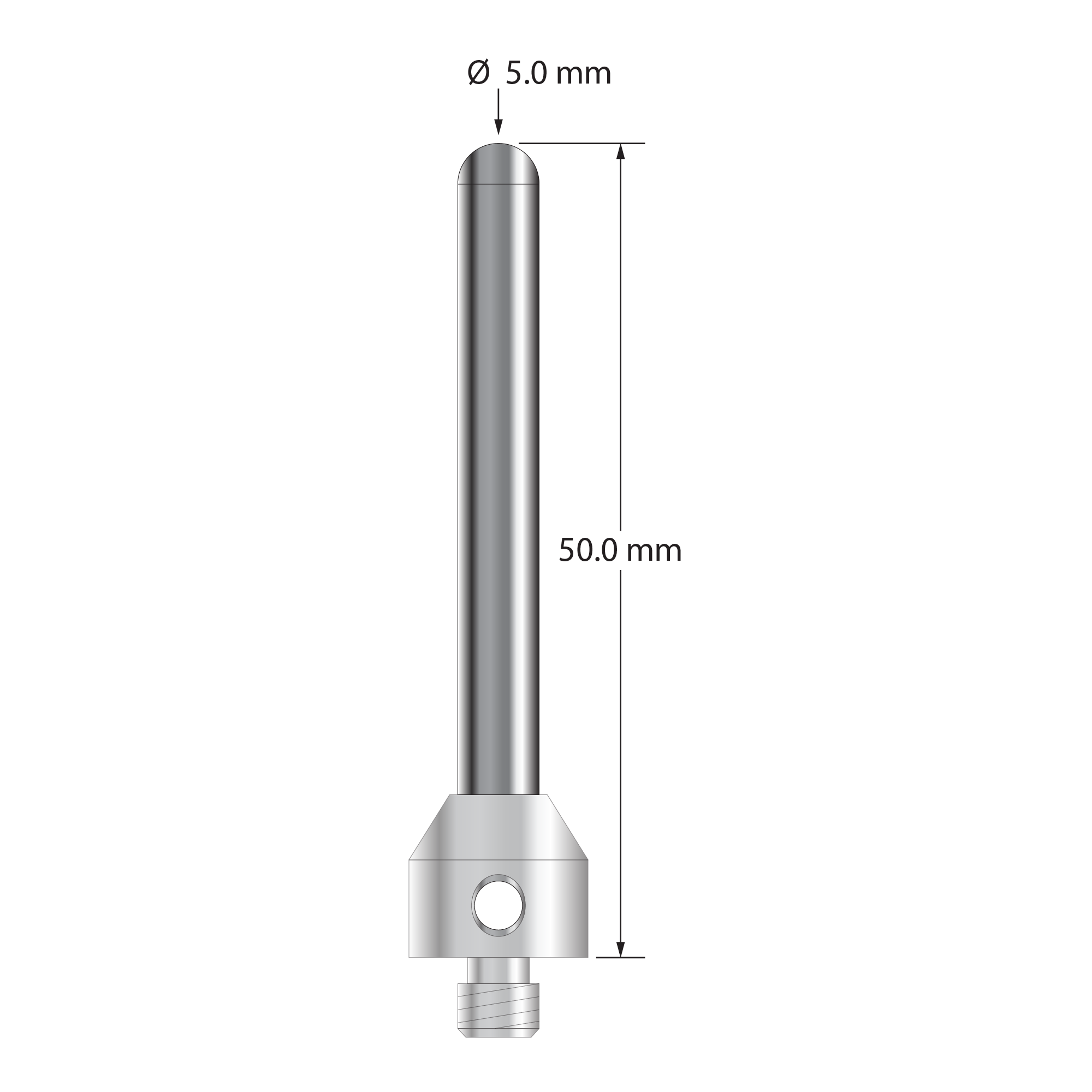 M5 stylus with 5.0 mm diameter carbide cylinder and 11.0 mm diameter x 10.0 mm long stainless steel base. Overall stylus length is 50.0 mm. Stylus weight is 17.72 grams.