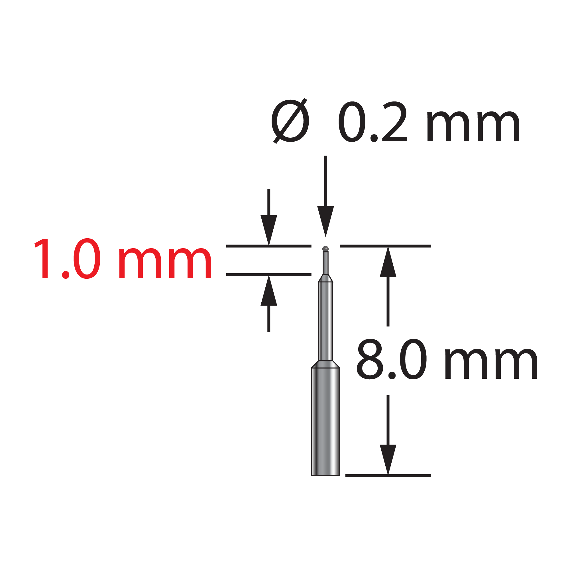 TST-0208-C unthreaded stylus with 0.2mm carbide ball and stepped carbide stem, 8.0mm long.