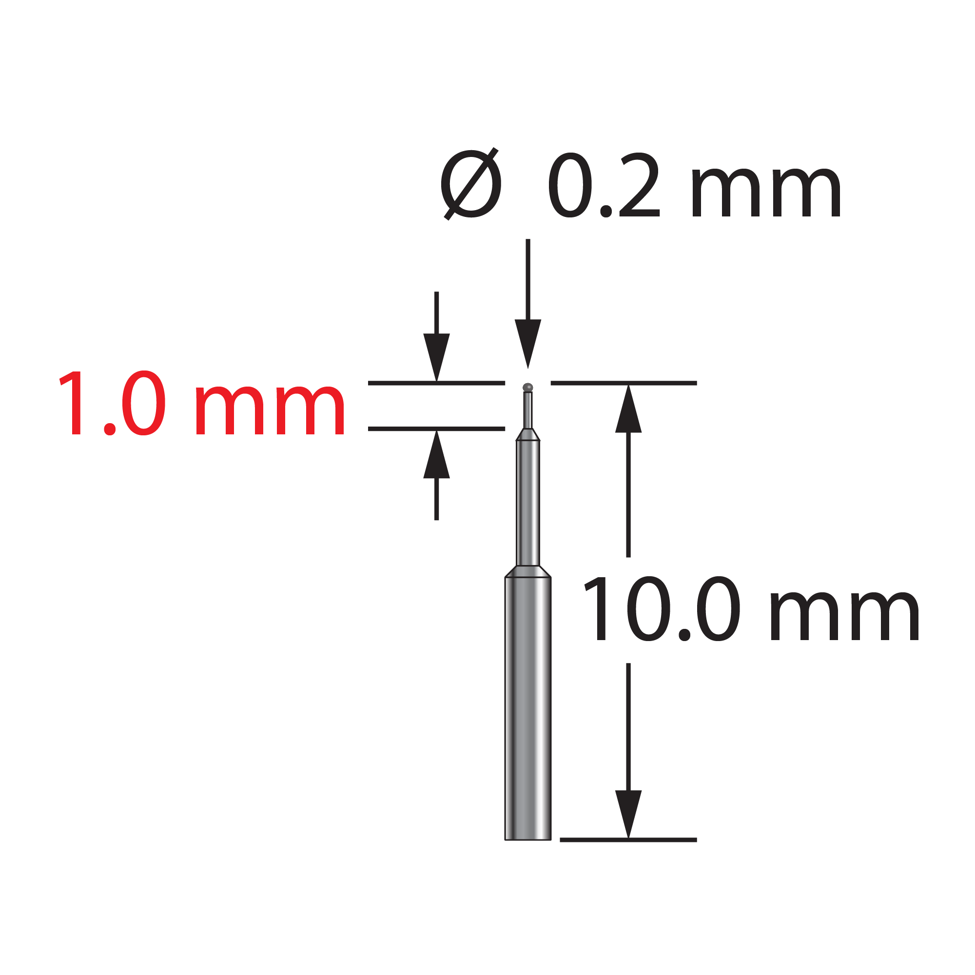 TST-0210-C unthreaded stylus with 0.2mm carbide ball and stepped carbide stem, 10.0mm long.