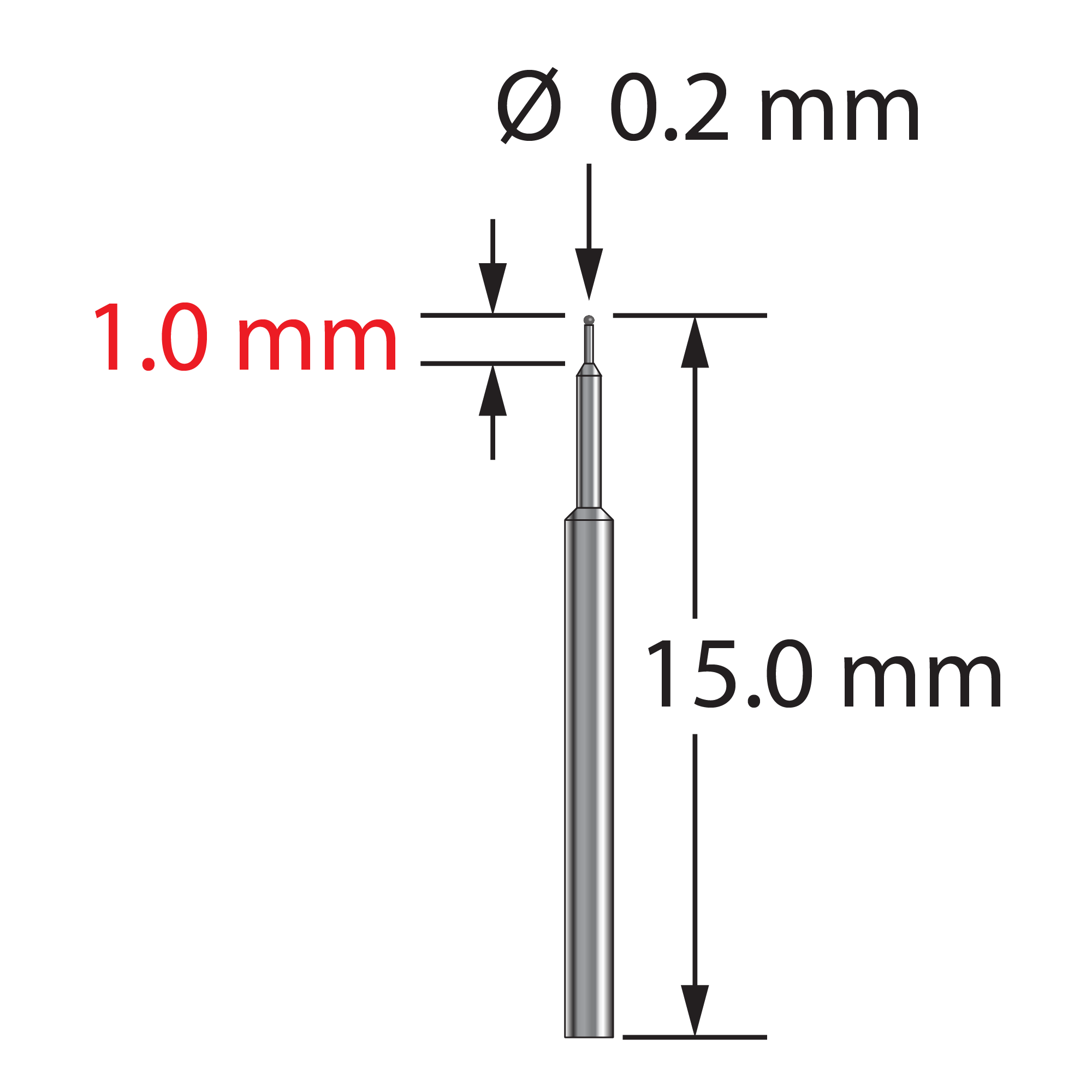 TST-0215-C unthreaded stylus with 0.2mm carbide ball and stepped carbide stem, 15.0mm long by Q-Mark Manufacturing, Inc.