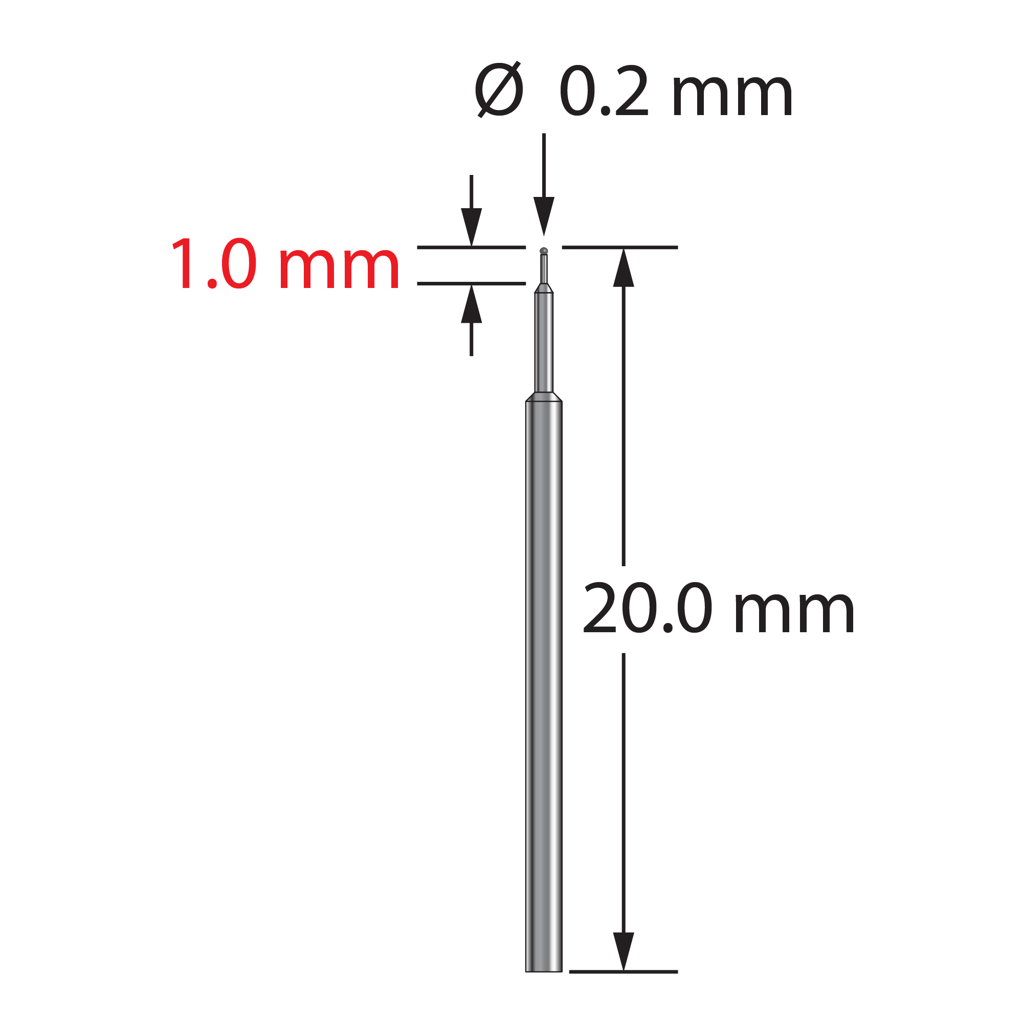 TST-0220-C unthreaded stylus with 0.2mm carbide ball and stepped carbide stem, 20mm long by Q-Mark Manufacturing, Inc.
