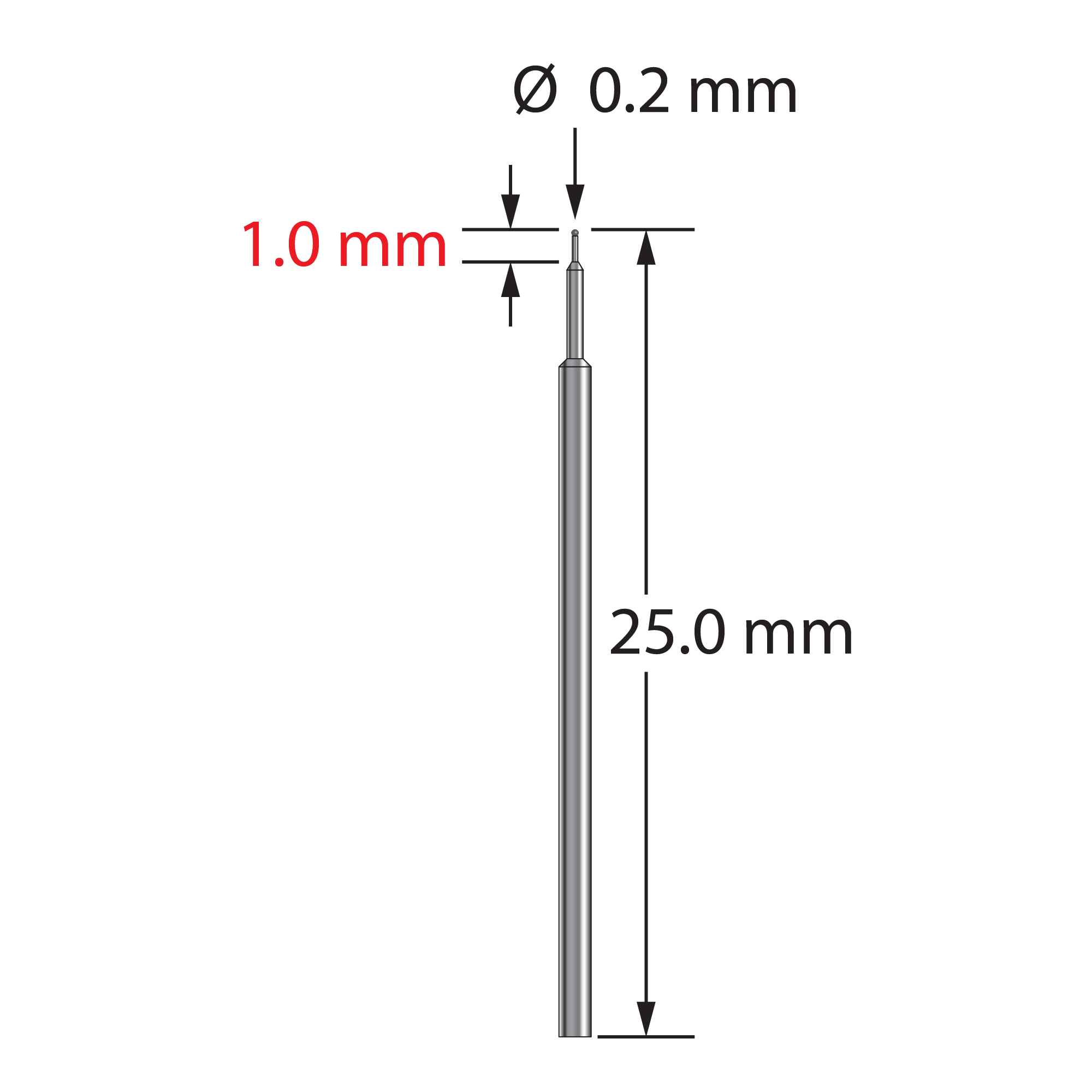 TST-0225-C unthreaded stylus with 0.2mm carbide ball and stepped stem, 25mm long, by Q-Mark Manufacturing, Inc.