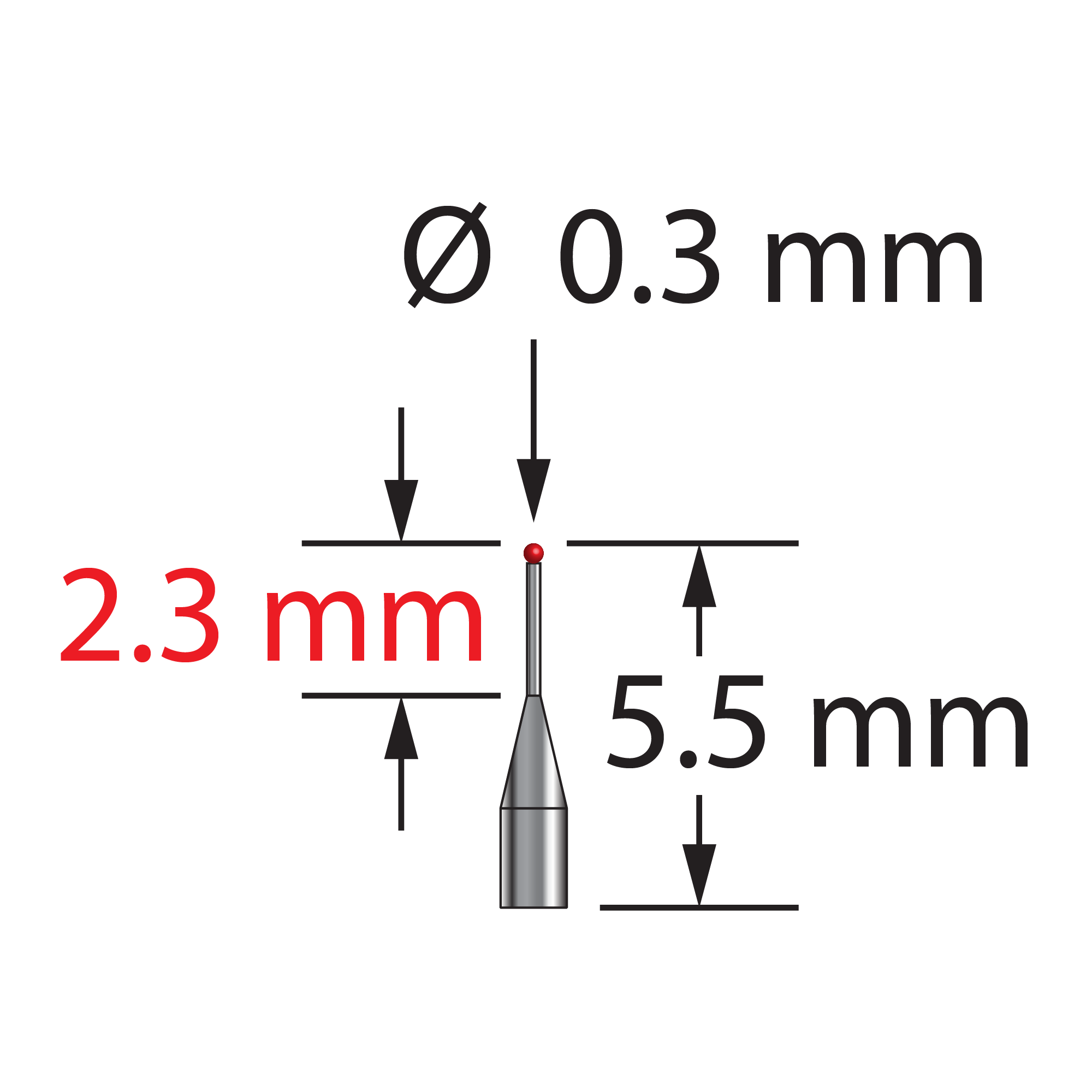 Unthreaded stylus with 0.3 mm diameter ruby ball and tapered carbide stem. Minor stem diameter is 0.2 mm; major diameter is 1.0 mm. Overall stylus length is 5.25 mm. Stylus weight is 0.05 gram.
