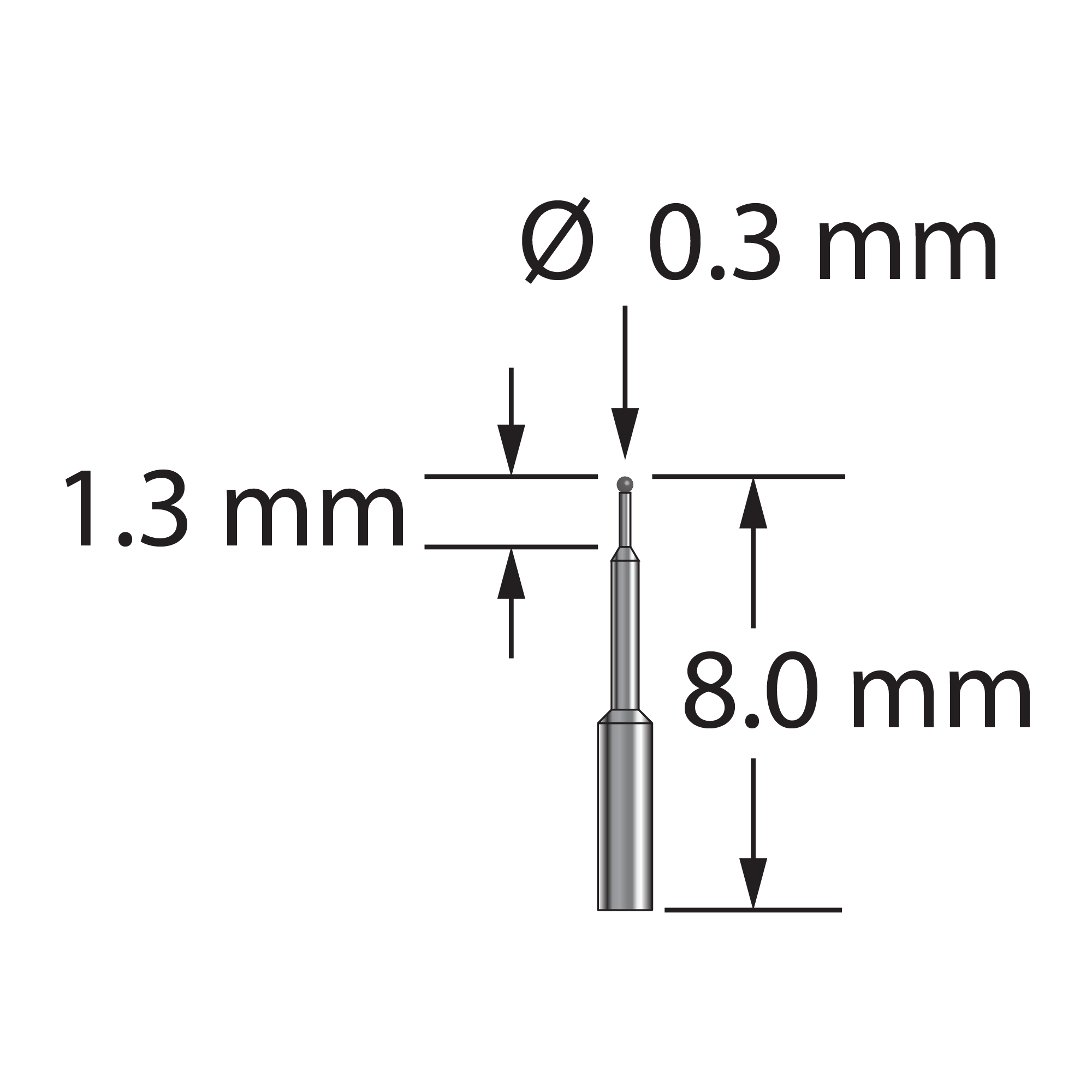 TST-0308-C unthreaded stylus with 0.3mm carbide ball and stepped carbide stem, 8.0mm long.