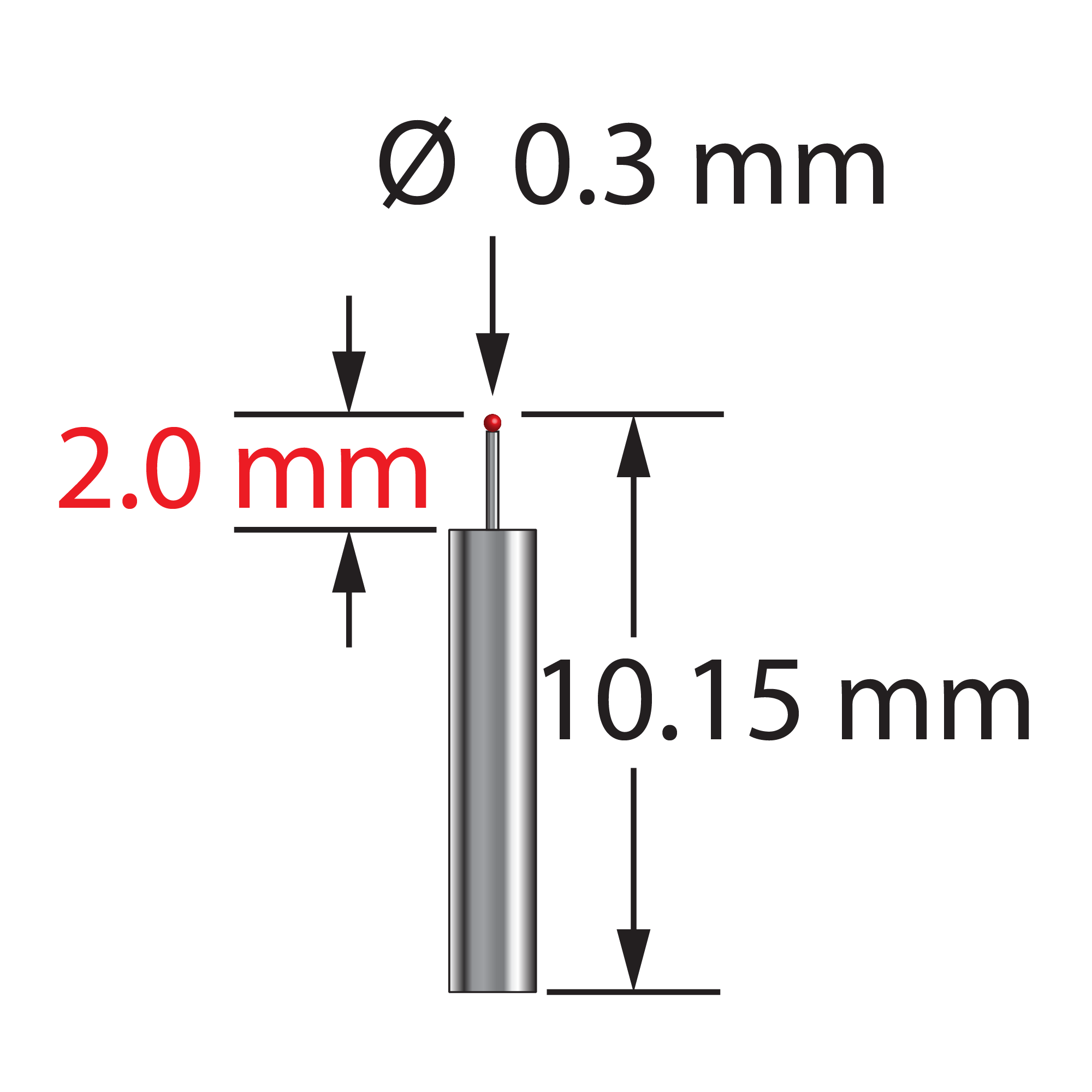 TST-0310-DS1.5 unthreaded stylus with 0.3mm ruby ball, stepped carbide stem, 10.15mm long.