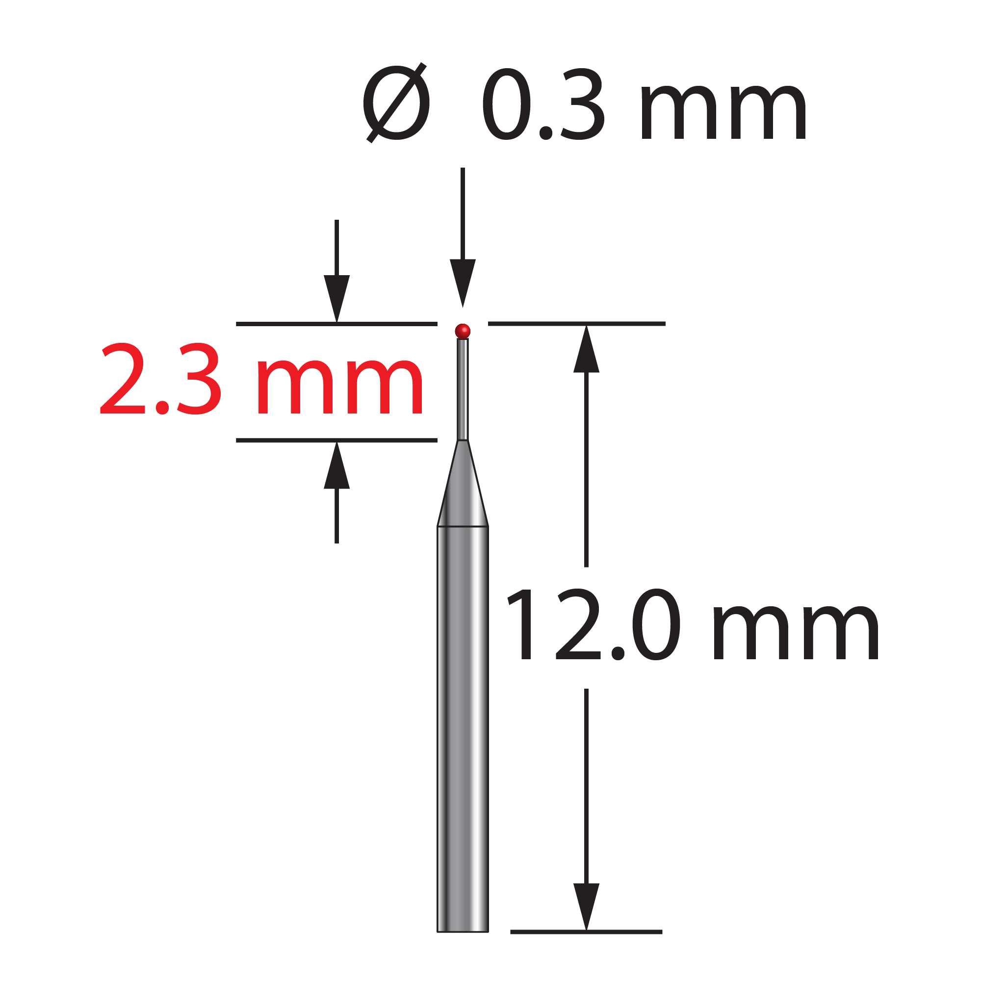 TST-0312-R unthreaded stylus with 0.3mm ruby ball and tapered carbide stem, 12.0mm long by Q-Mark Manufacturing, Inc.