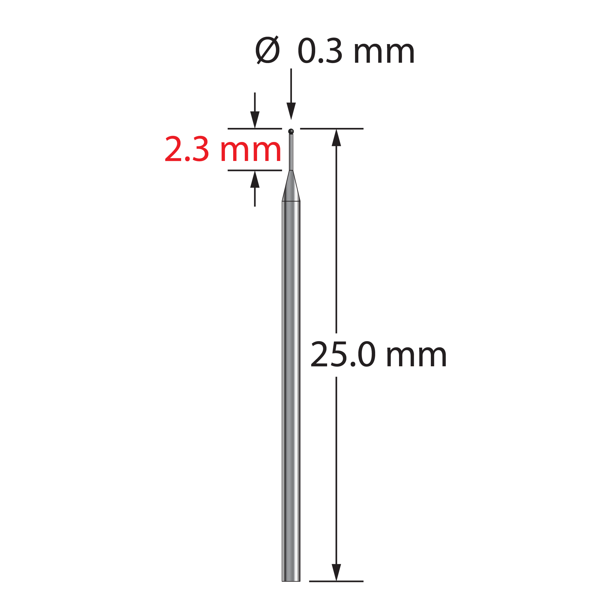 TST-0325-SN unthreaded stylus with 0.3mm silicon nitride ball and tapered carbide stem, 25.0mm long by Q-Mark Manufacturing, Inc.
