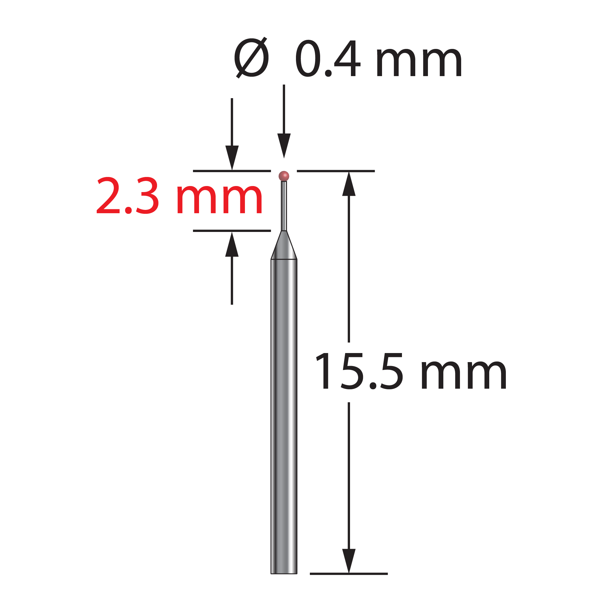 Unthreaded stylus with 0.4 mm diameter ruby ball and tapered carbide stem. Minor stem diameter is 0.30 mm and major diameter is 1.0 mm. Overall stylus length is 15.0 mm. Stylus weight is 0.15 gram. Compare to ITP KT M5 004 01 015.