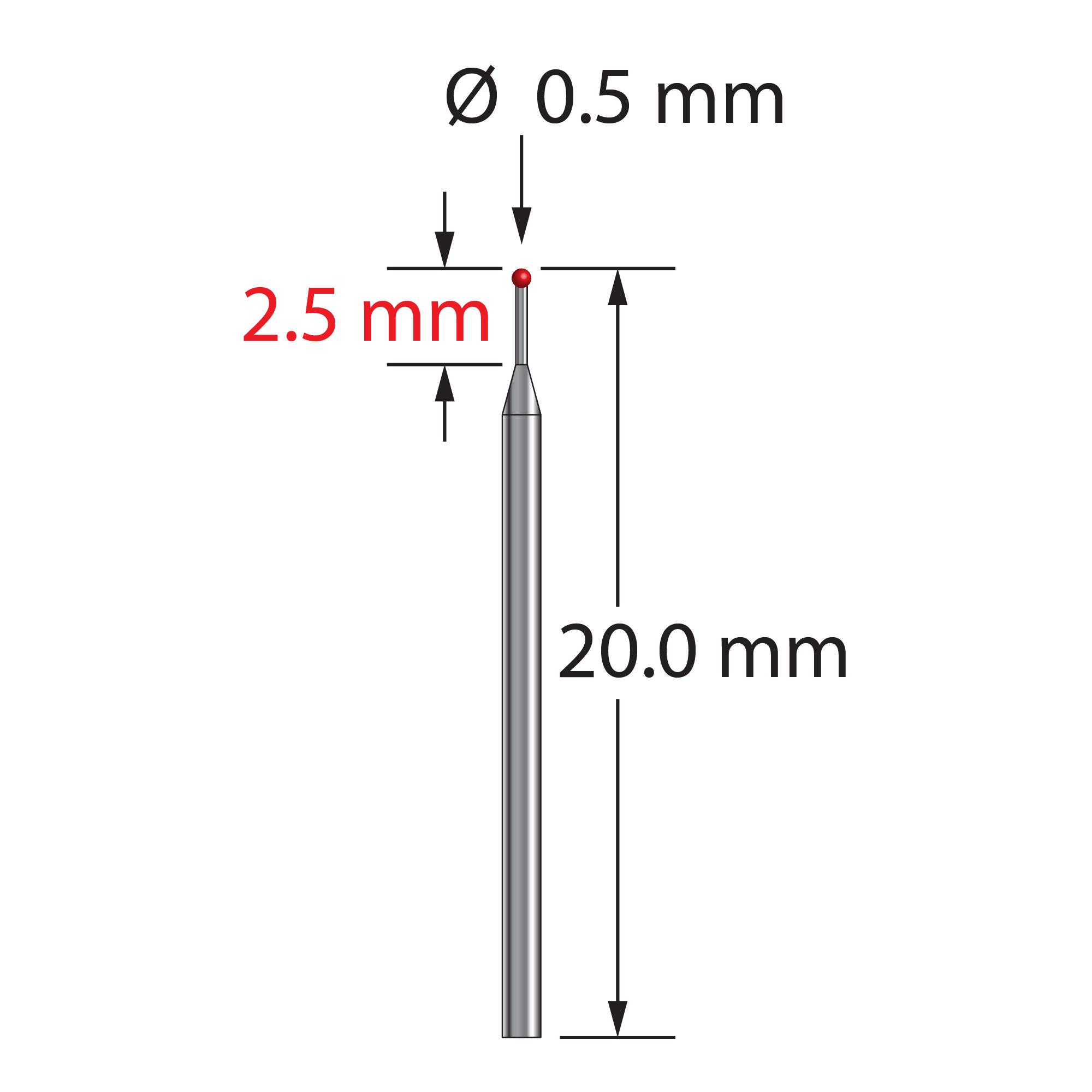 TST-0520-R unthreaded stylus with 0.5mm ruby ball and tapered carbide stem, 20.0mm long by Q-Mark Manufacturing, Inc.