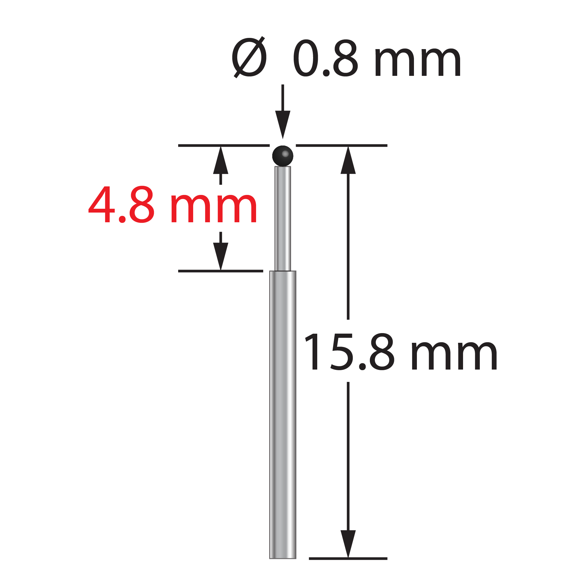 TST-0815.8-TX-SN unthreaded stylus with 0.8mm silicon nitride ball and stepped carbide stem, 15.8mm long by Q-Mark Manufacturing, Inc.
