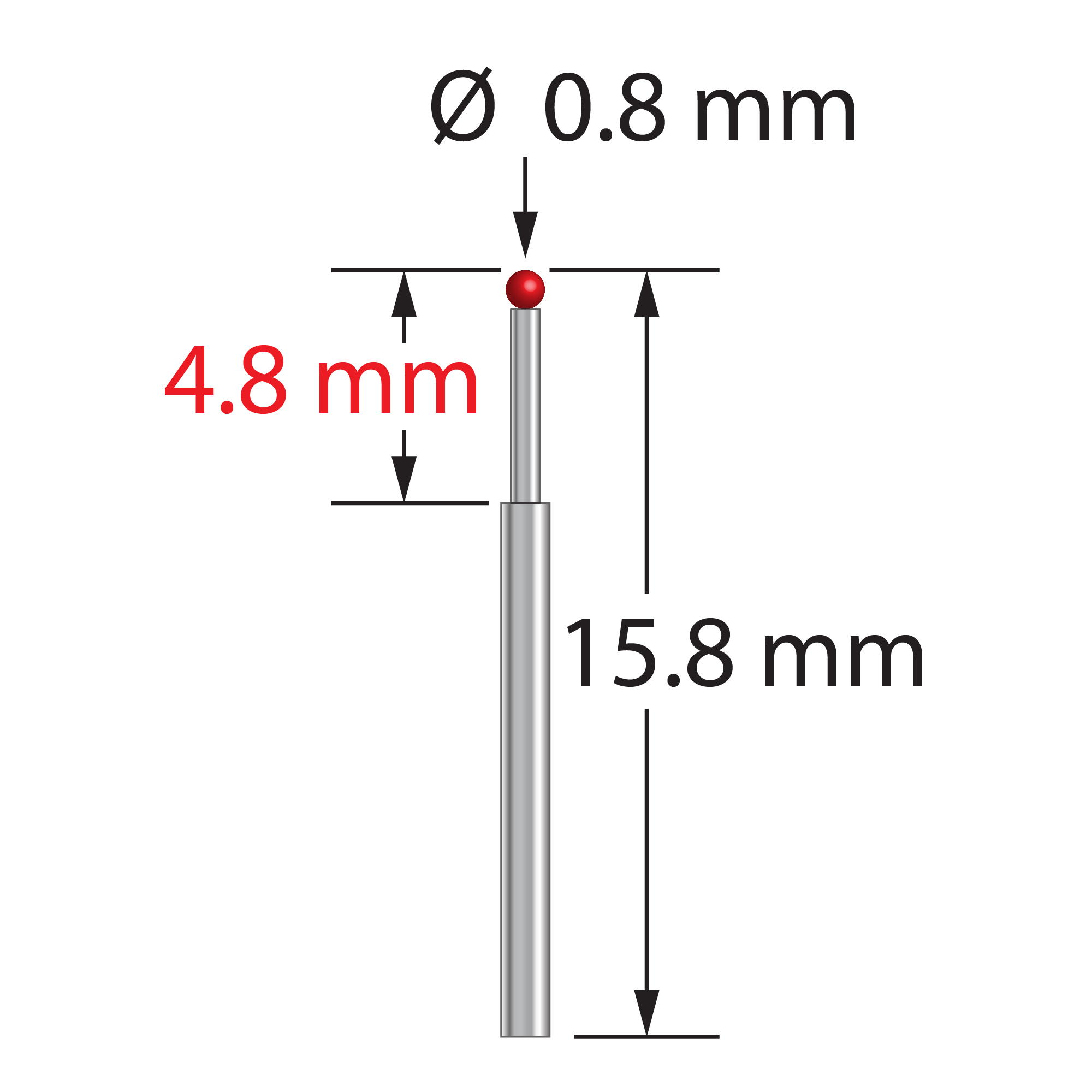 TST-0815.8-TX unthreaded stylus with 0.8mm ruby ball and stepped carbide stem, 15.8mm long by Q-Mark Manufacturing, Inc.
