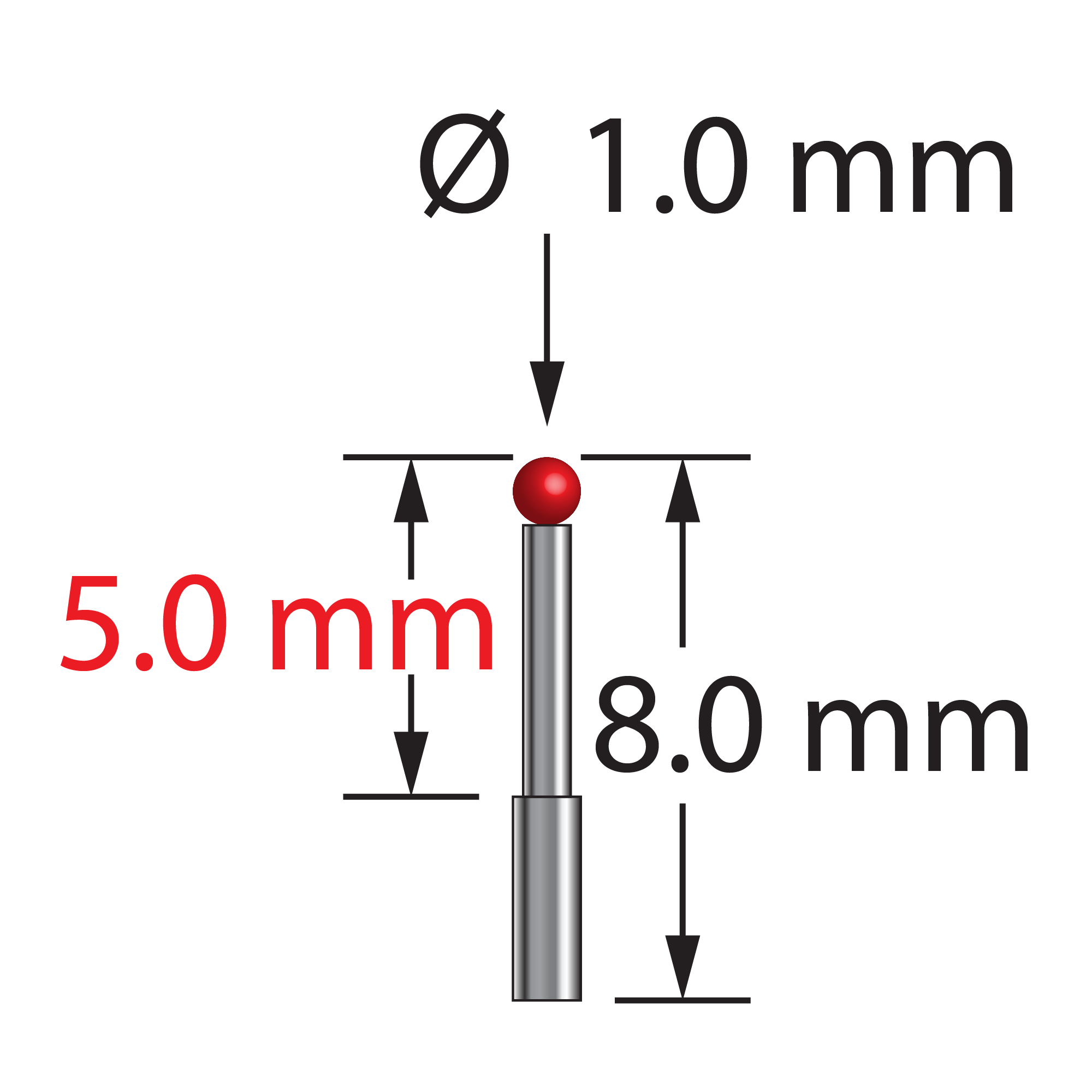 Unthreaded stylus with 1.0 mm ruby ball and stepped carbide stem. Minor stem diameter is 0.7 mm; major diameter is 1.0 mm. Overall stylus length is 8.0 mm. Stylus weight is 0.09 gram.