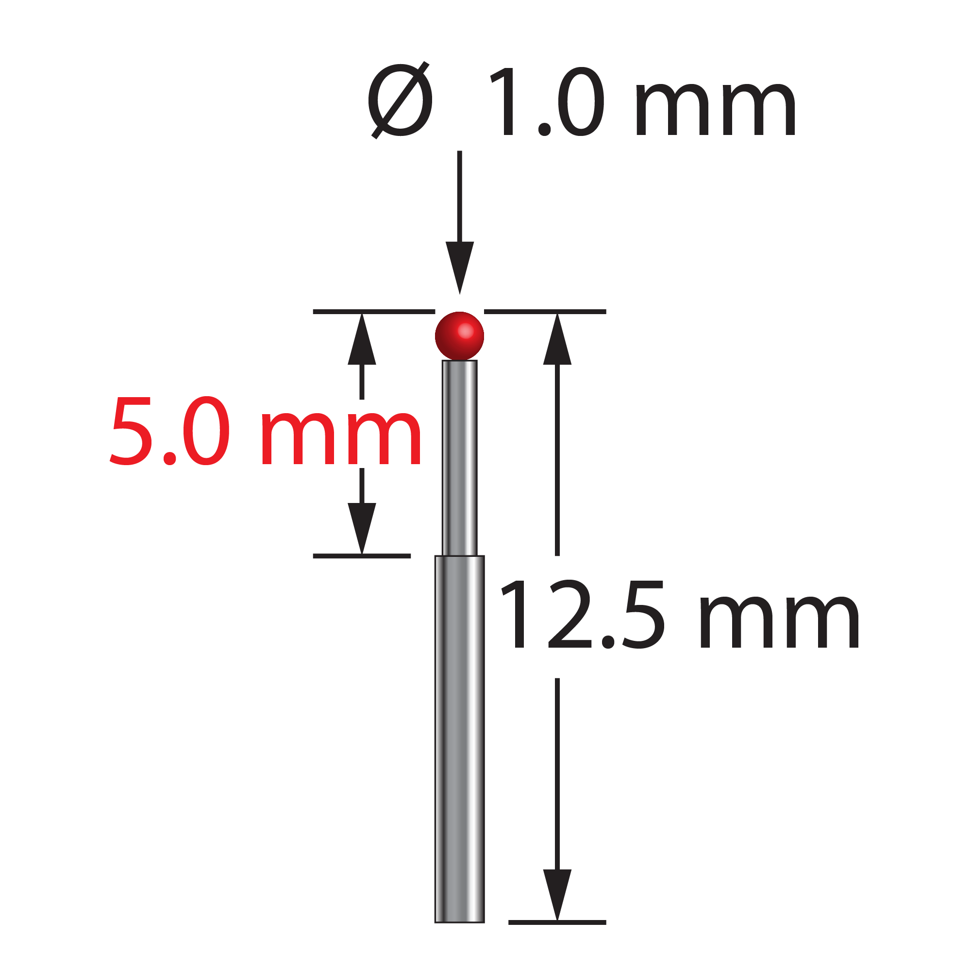 TST-1012.5 stylus with 1.0mm ruby ball, stepped carbide stem, 12.5mm length.