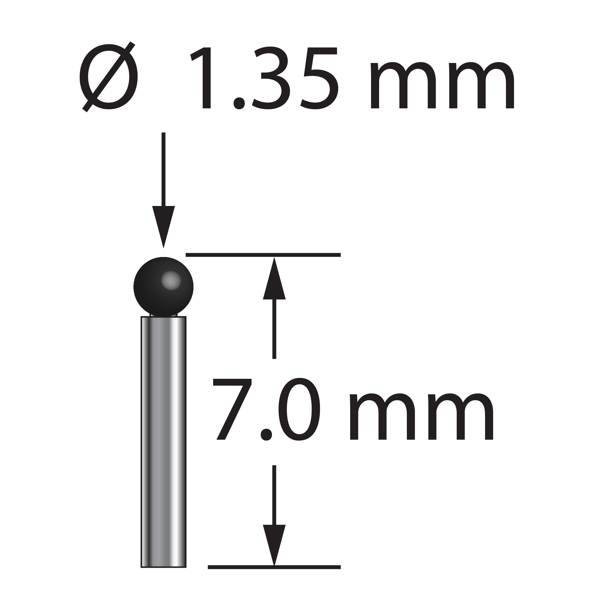 TST-1307-SN unthreaded stylus with 1.35mm silicon nitride ball and carbide stem, 7.0mm long.