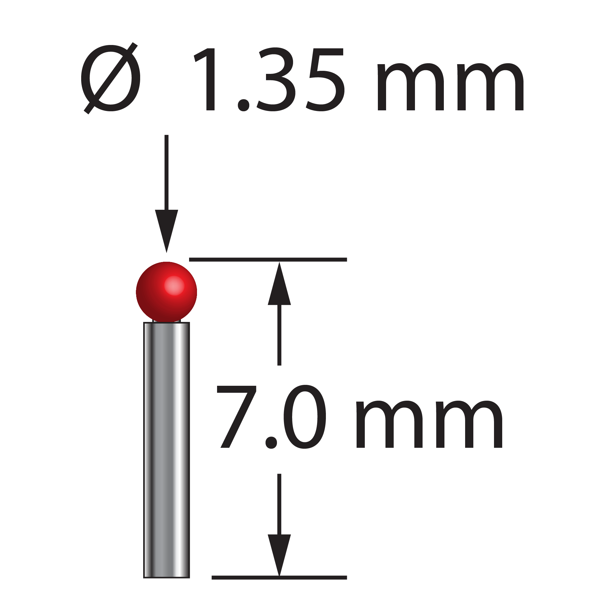 TST-1307 unthreaded stylus with 1.35mm ruby ball, 1.0mm carbide stem, 7.0mm length by Q-Mark Manufacturing, Inc.