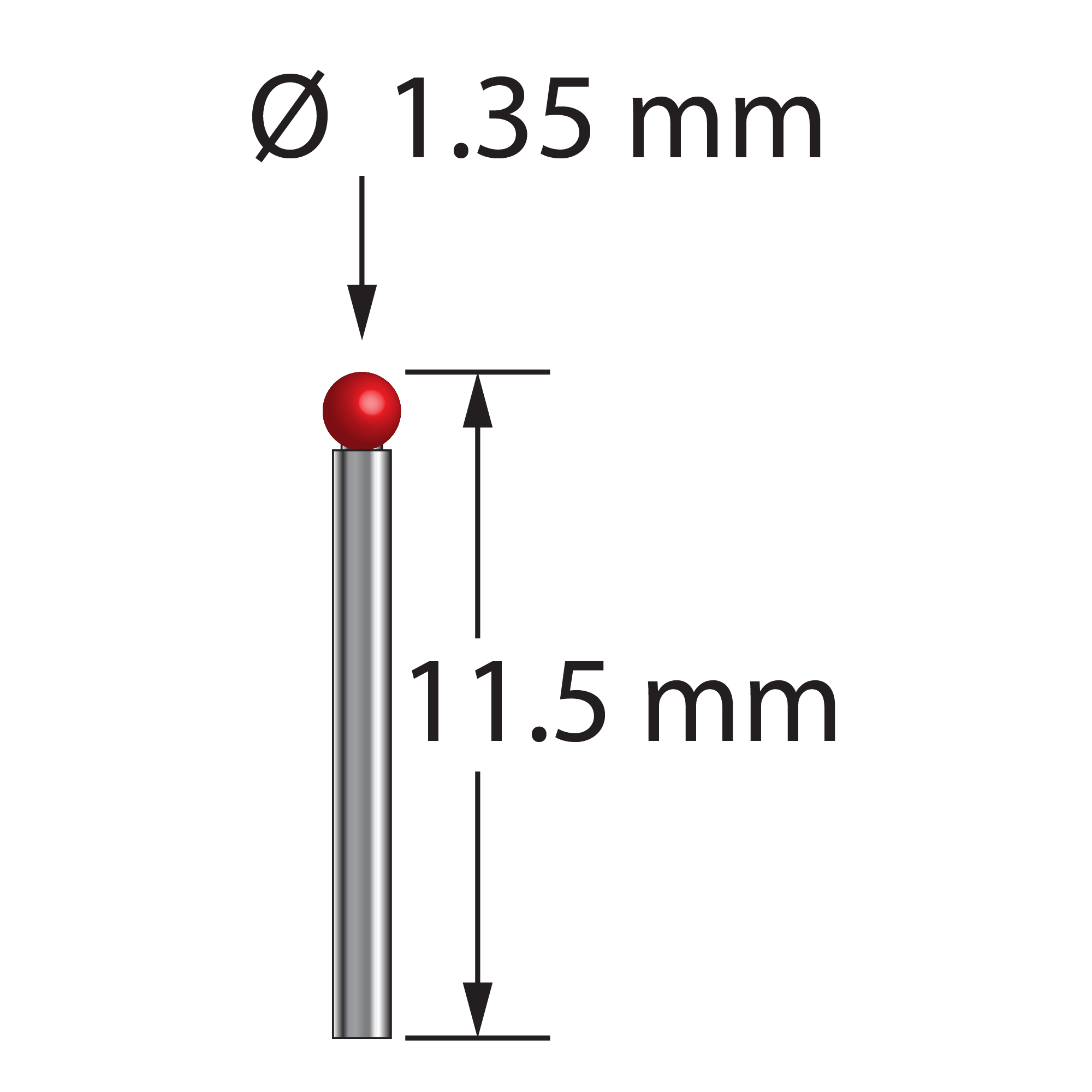 TST-1311.5 stylus with 1.35mm ruby ball and carbide stem, 11.5mm long, by Q-Mark Manufacturing, Inc.
