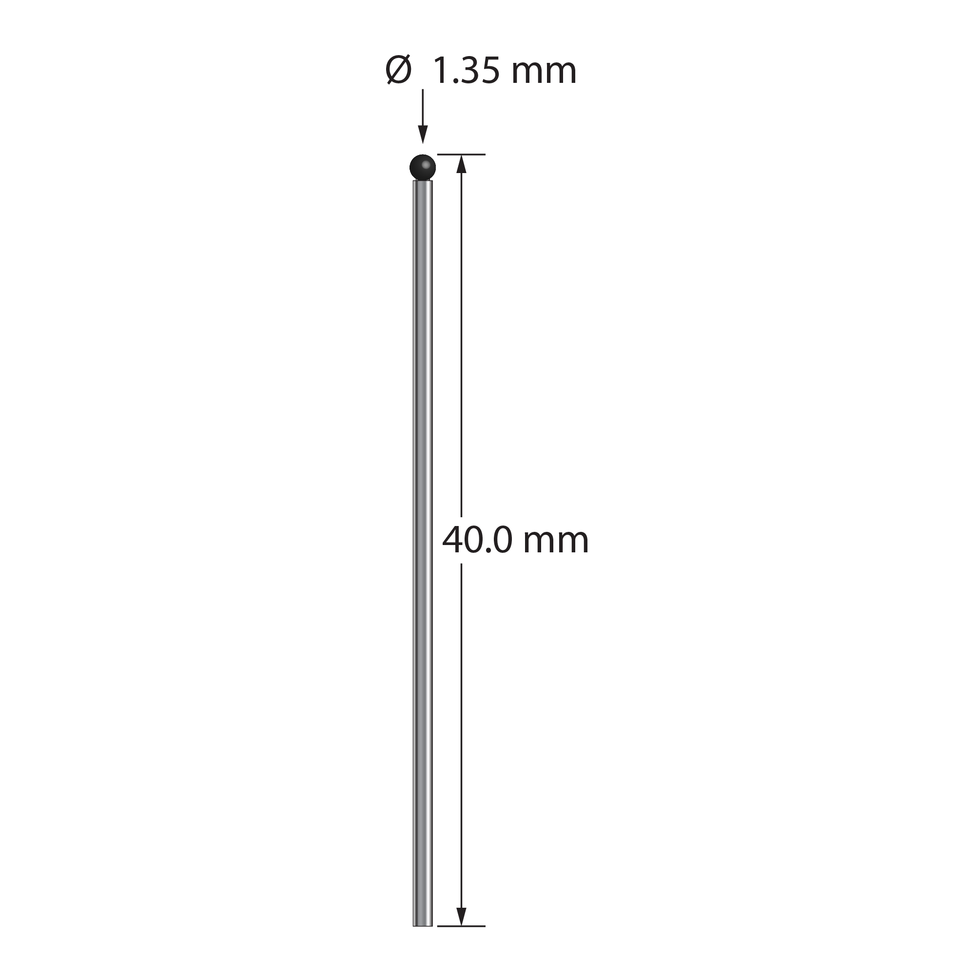 TST-1340-SN unthreaded stylus with 1.35mm silicon nitride ball and carbide stem, 40mm long.