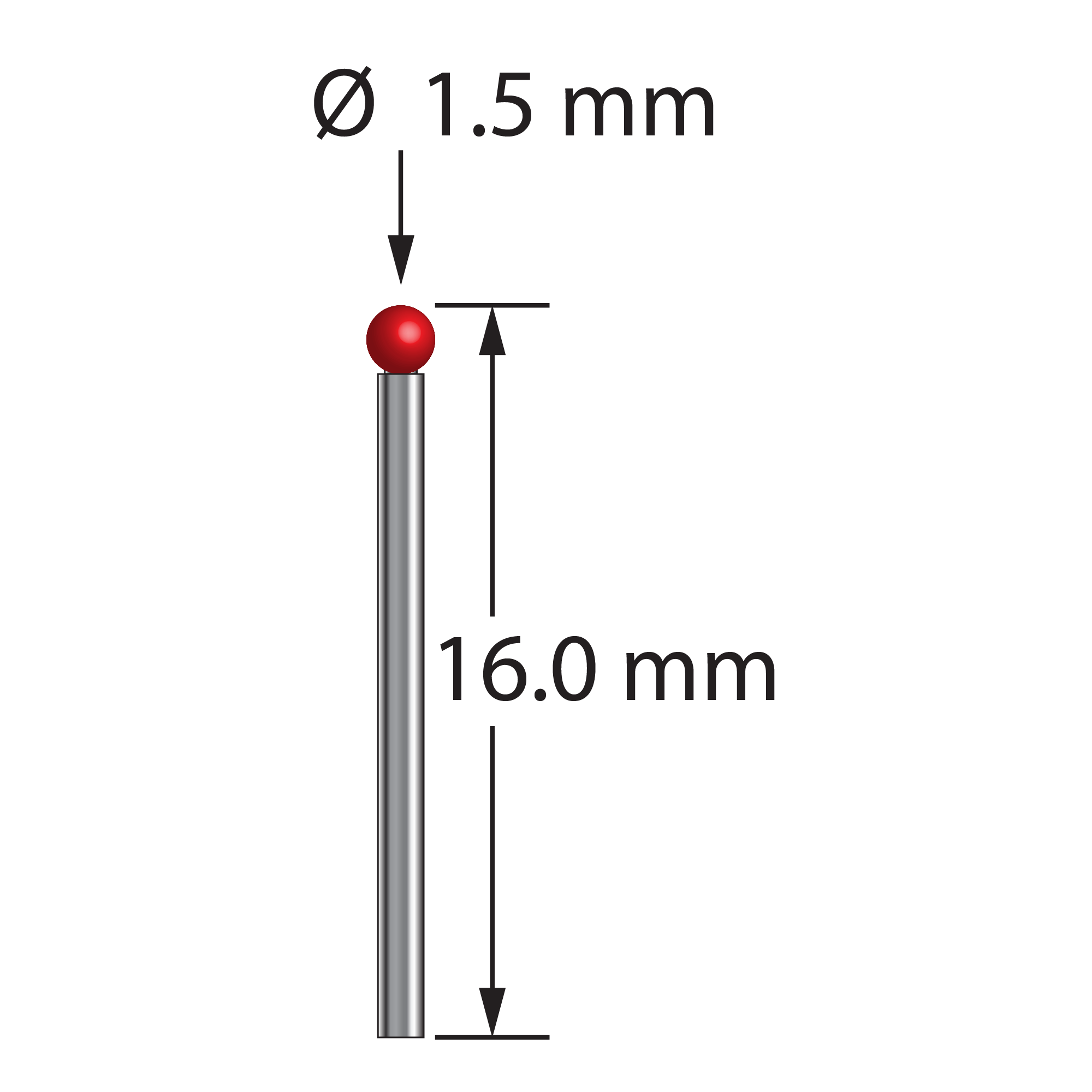 TST-1516 unthreaded stylus with 1.5mm ruby ball, 1.0mm carbide stem, 16.0mm length by Q-Mark Manufacturing, Inc.