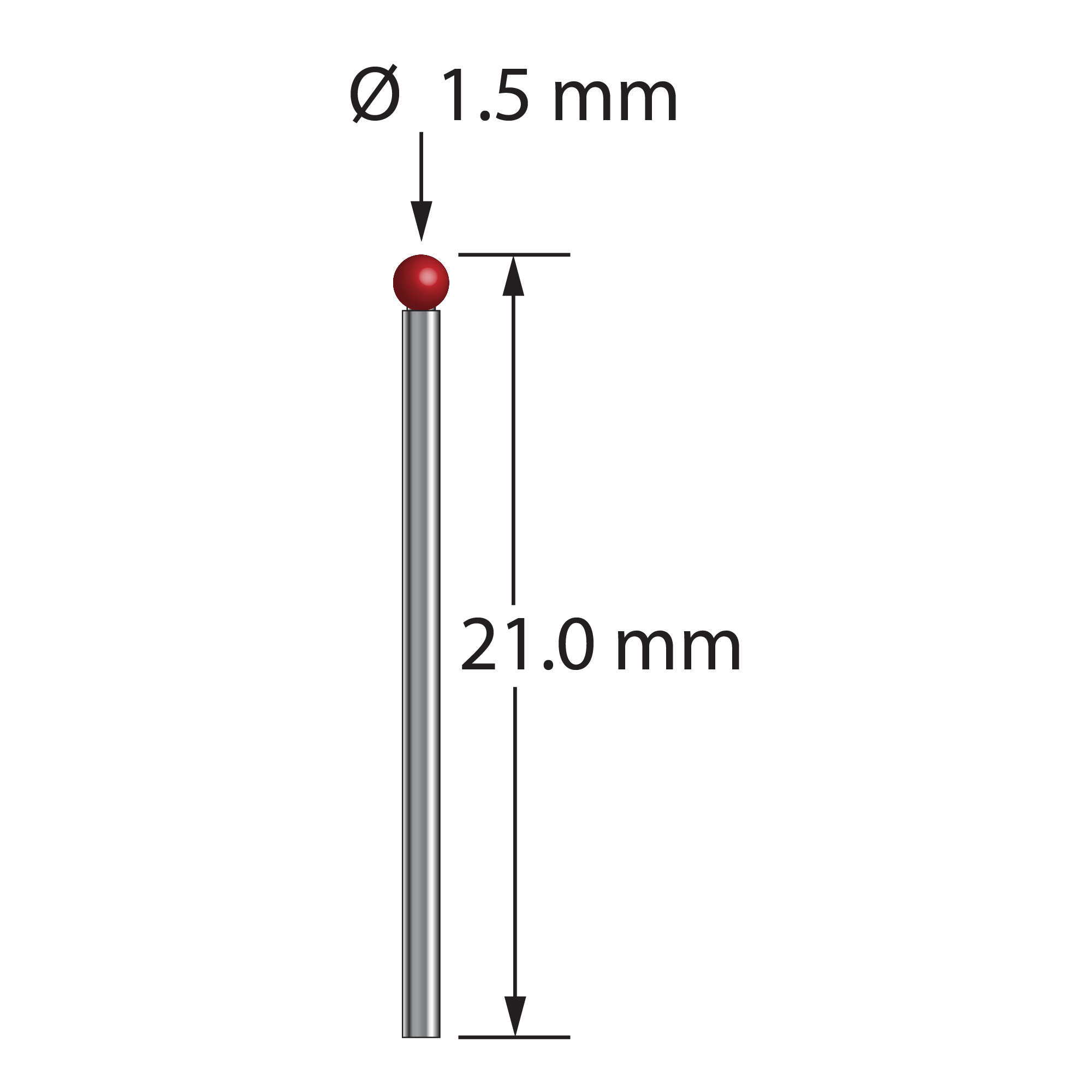 TST-1521 unthreaded stylus with 1.5mm ruby ball and 1.0mm carbide stem, 21.0mm long.