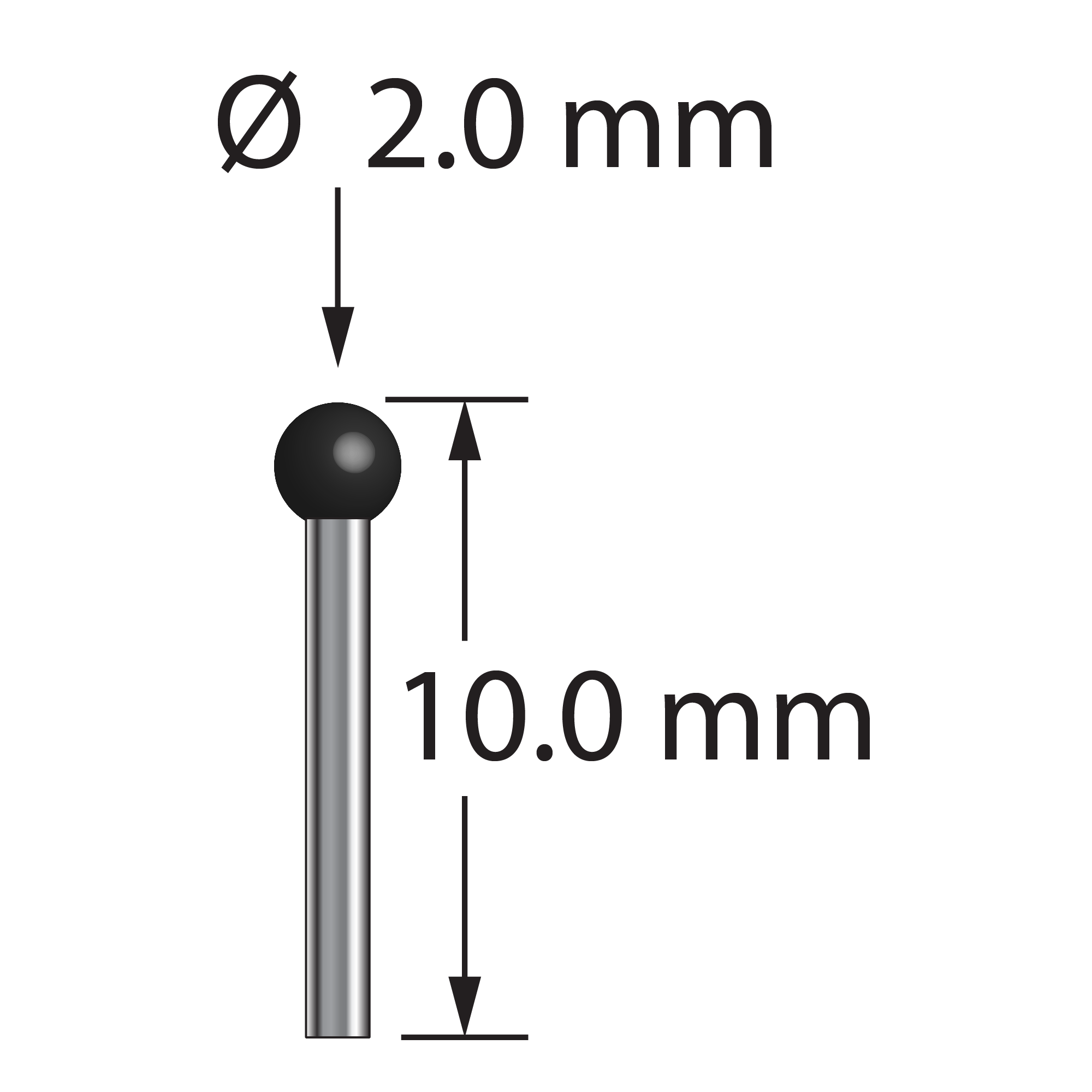 TST-2010-DS1-SN unthreaded stylus with 2.0mm silicon nitride ball and carbide stem, 10.0mm long by Q-Mark Manufacturing, Inc.