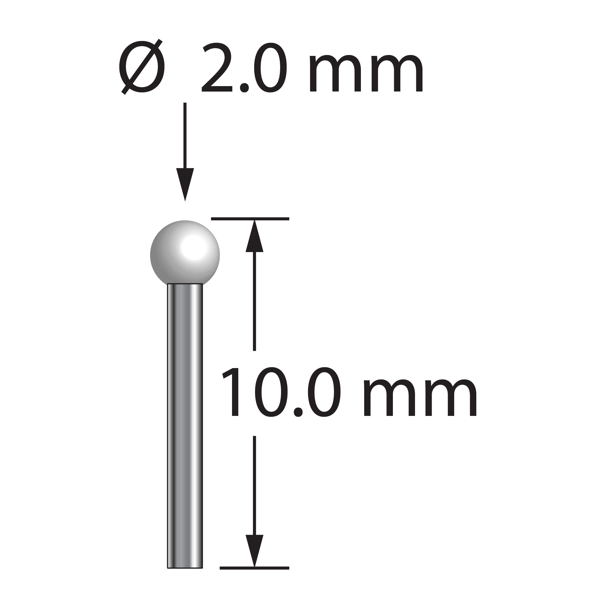 TST-2010-DS1-Z stylus with 2.0mm zirconia ball and 1.0mm carbide stem, 10.0mm long.