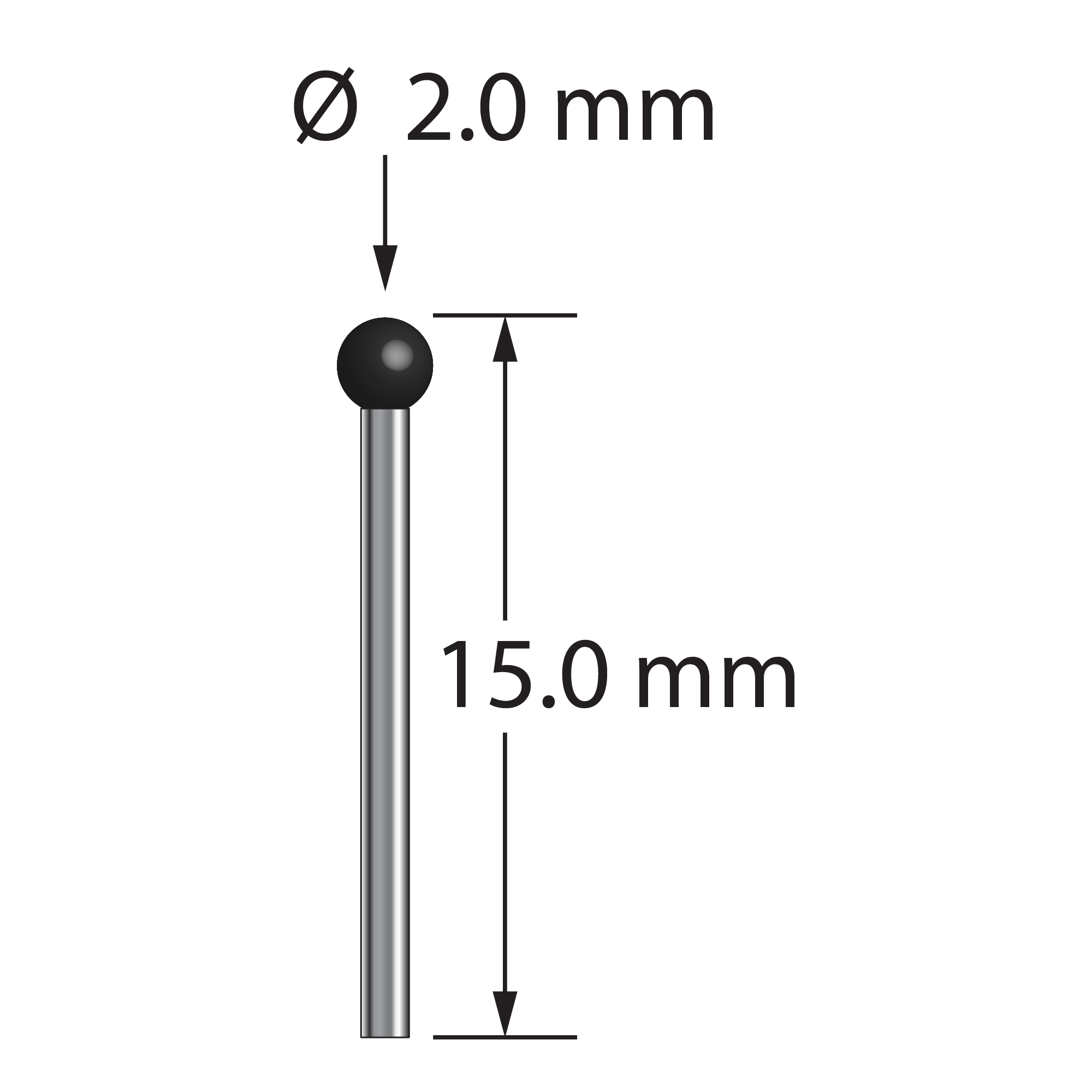 TST-2015-DS1-SN unthreaded stylus with 2.0mm silicon nitride ball and 15.0mm carbide stem by Q-Mark Manufacturing, Inc.