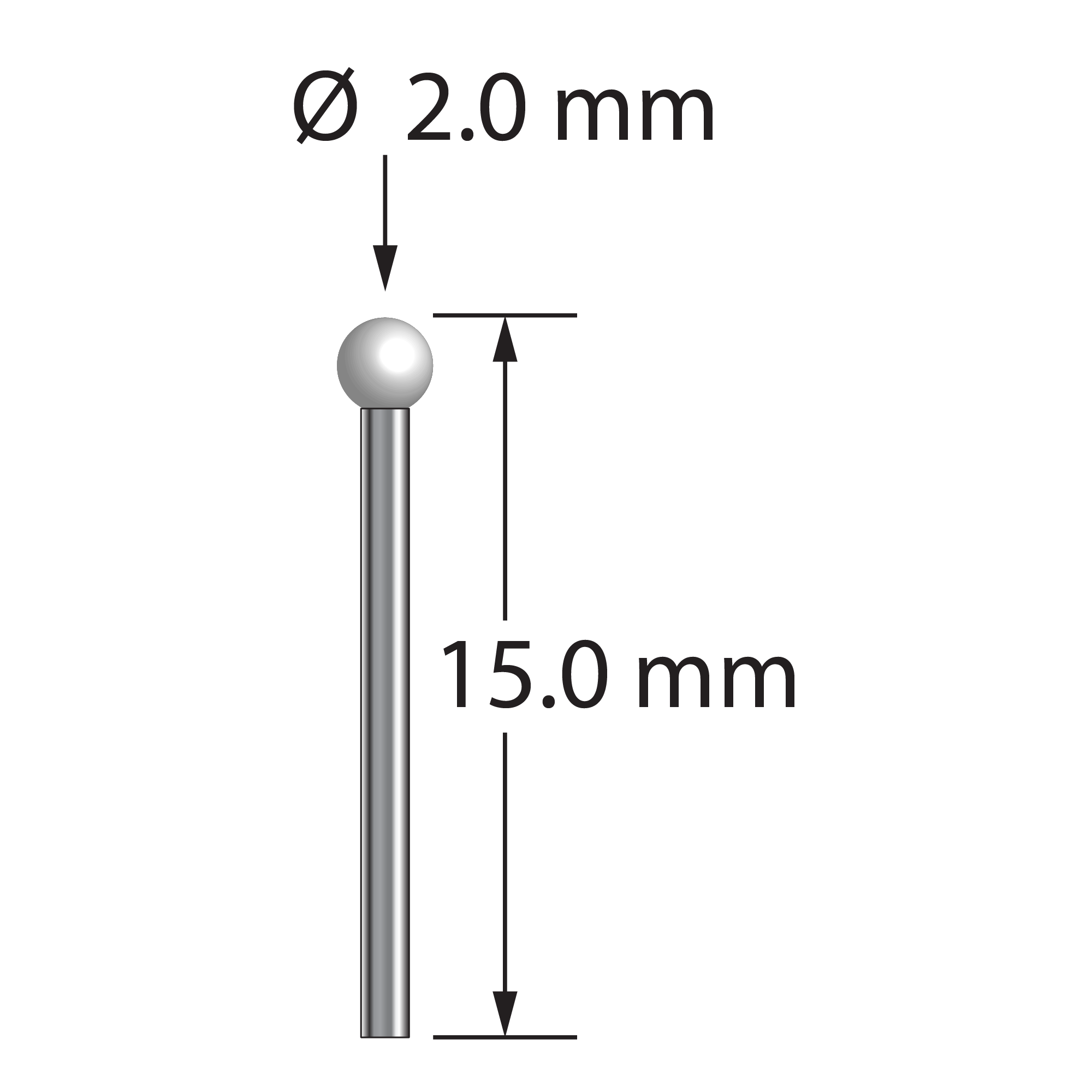 TST-2015-DS1-Z unthreaded stylus with 2.0mm zirconia ball and 1.0mm carbide stem, 15.0mm long by Q-Mark Manufacturing, Inc.
