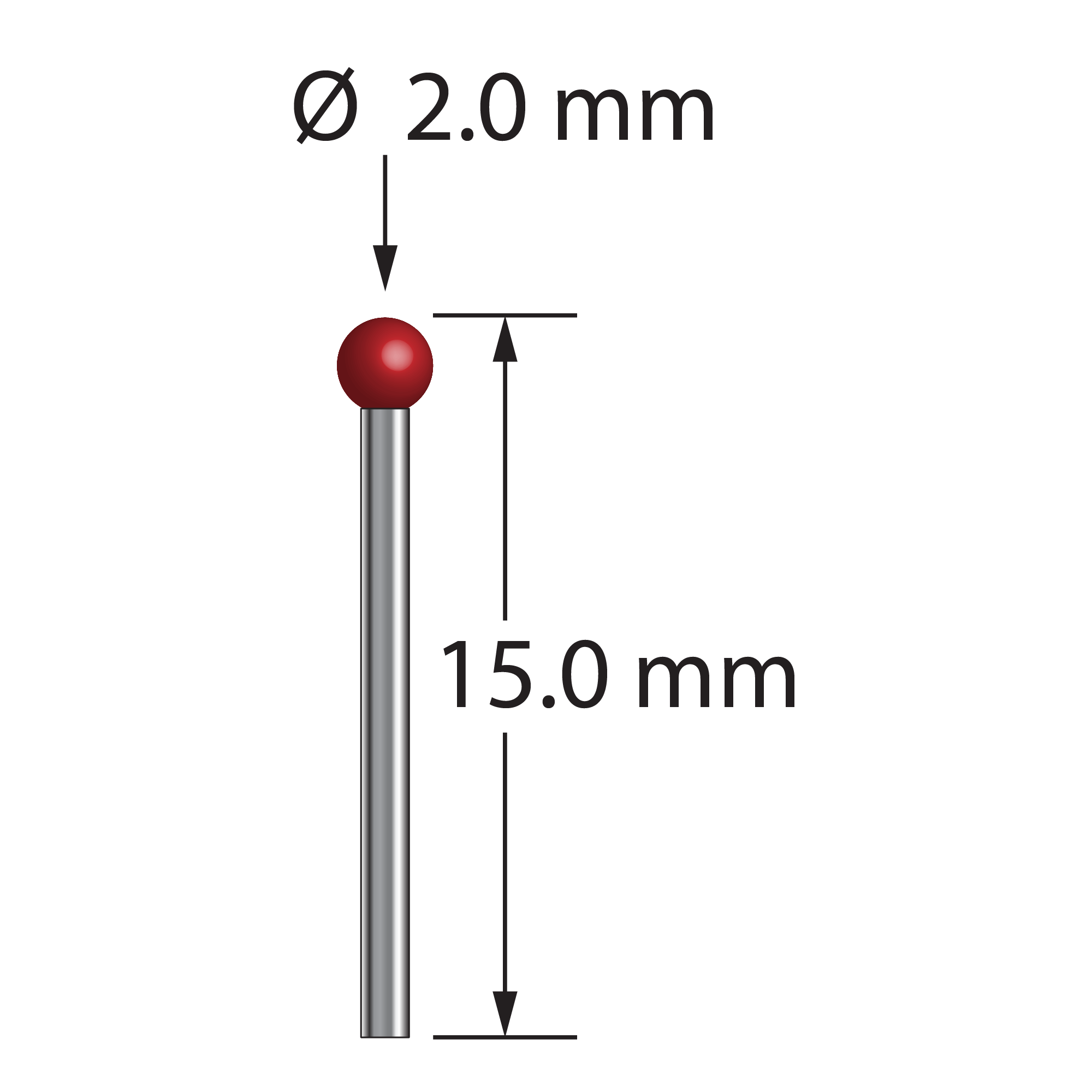 TST-2015-DS1 unthreaded stylus with 2.0mm ruby ball, 1.0mm carbide stem, 15.0mm length by Q-Mark Manufacturing, Inc.