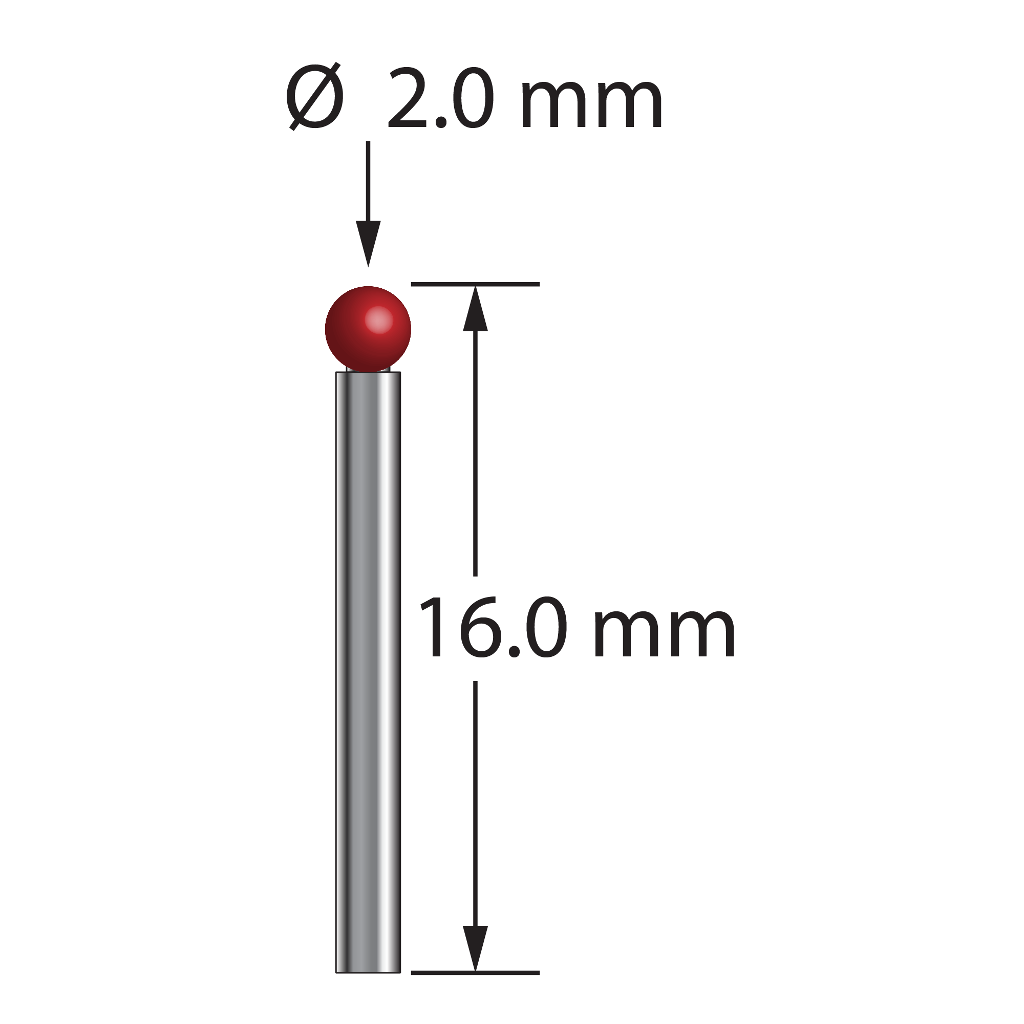 TST-2016 unthreaded stylus with 2.0mm ruby ball, carbide stem, 16.0mm length by Q-Mark Manufacturing, Inc.