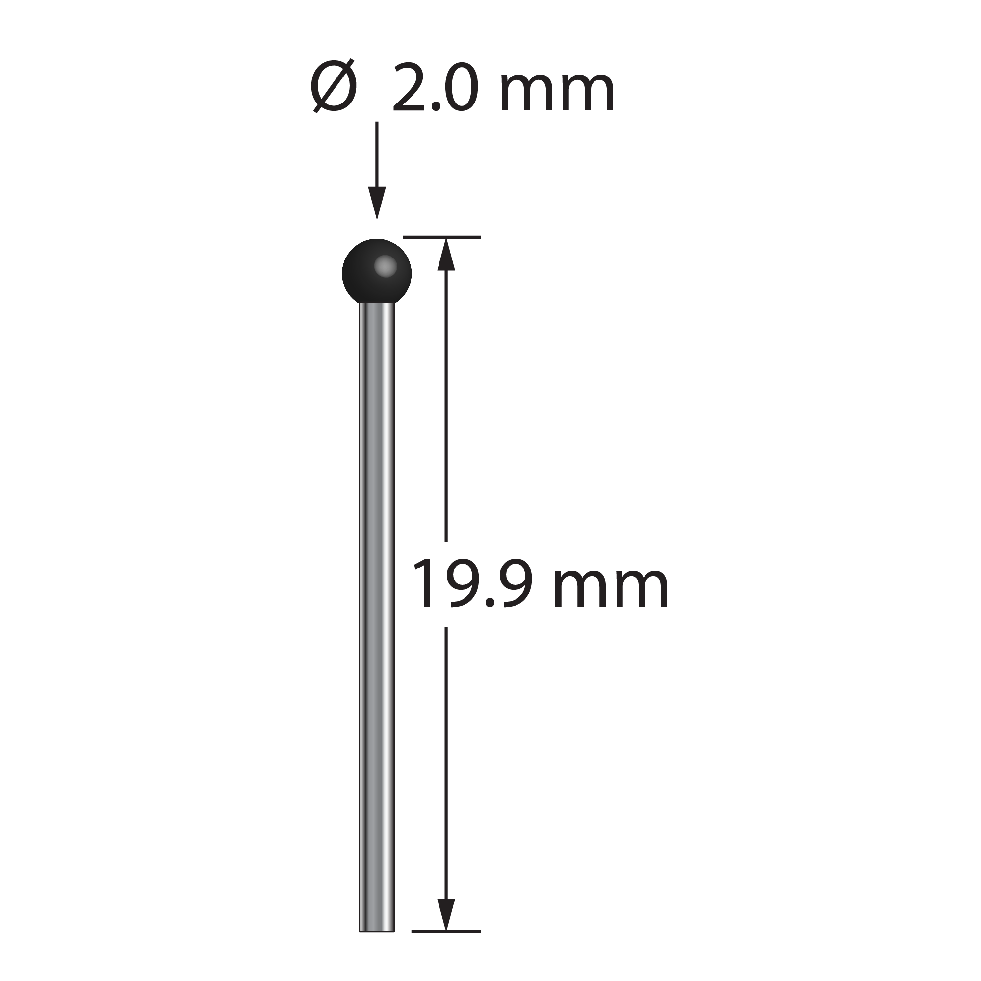 TST-2019.9-DS1-SN stylus, 2.0mm silicon nitride ball, carbide stem, 19.9mm long by Q-Mark Manufacturing, Inc.