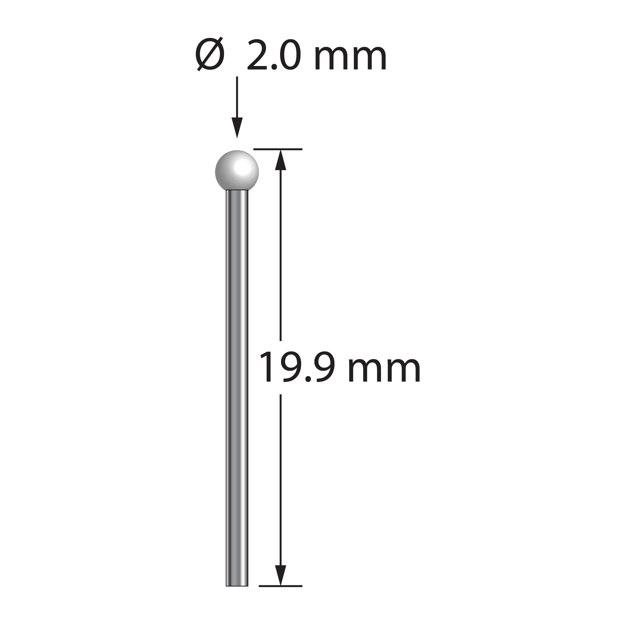 TST-2019.9-DS1-Z stylus with 2.0mm zirconia ball and carbide stem, 19.9mm long, by Q-Mark Manufacturing, Inc.