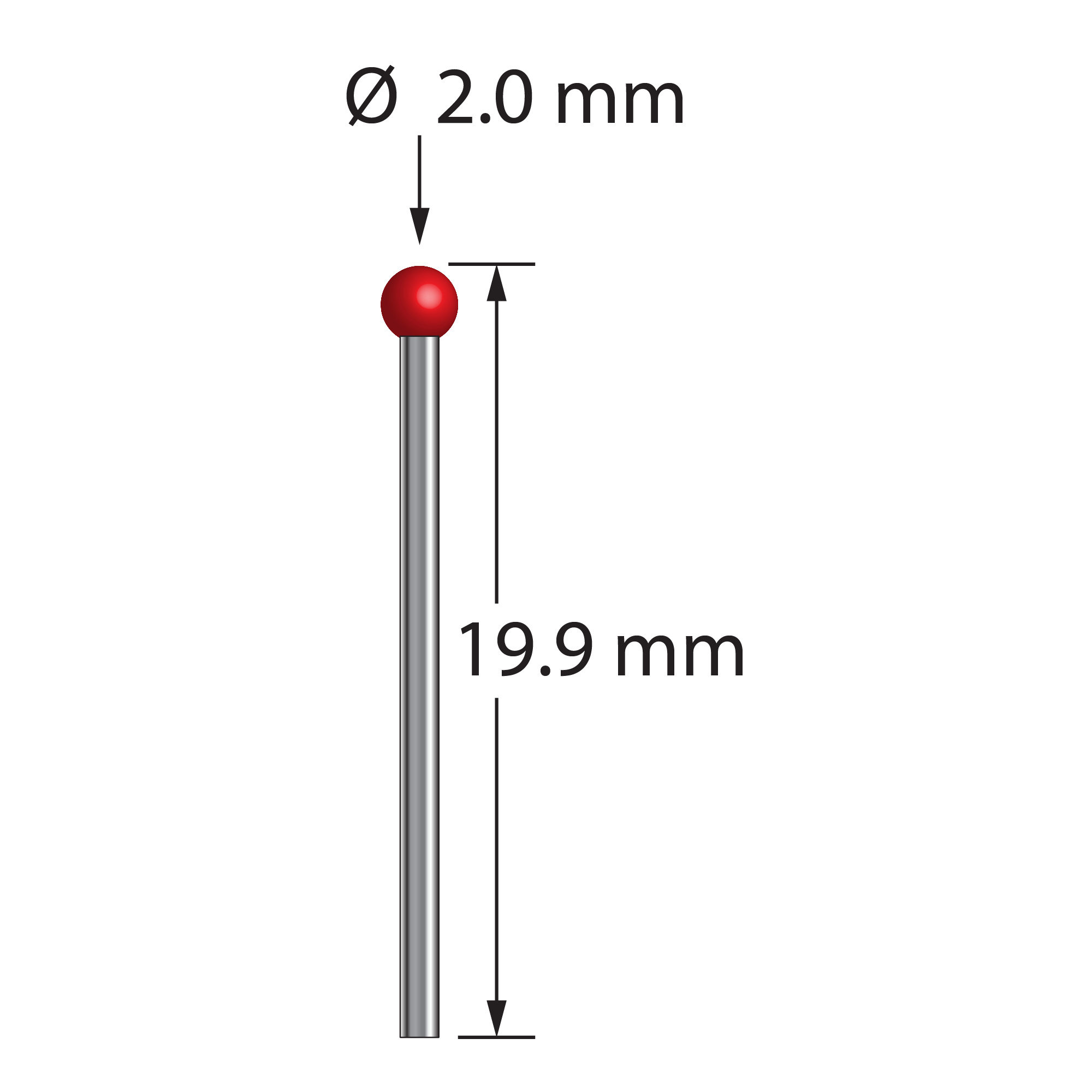 TST-2019.9-DS1 stylus with 2.0mm ruby ball, 1.0mm carbide stem, 19.9mm length by Q-Mark Manufacturing, Inc.