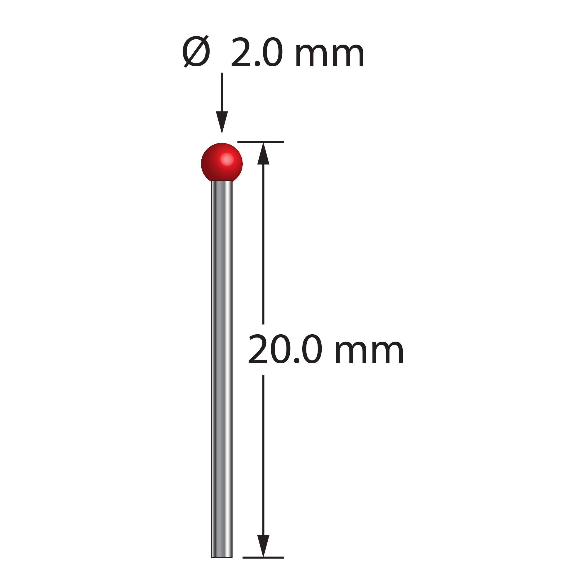TST-2020-DS1 unthreaded stylus with 2.0mm ruby ball, 1.0mm carbide stem, 20.0mm length by Q-Mark Manufacturing, Inc.