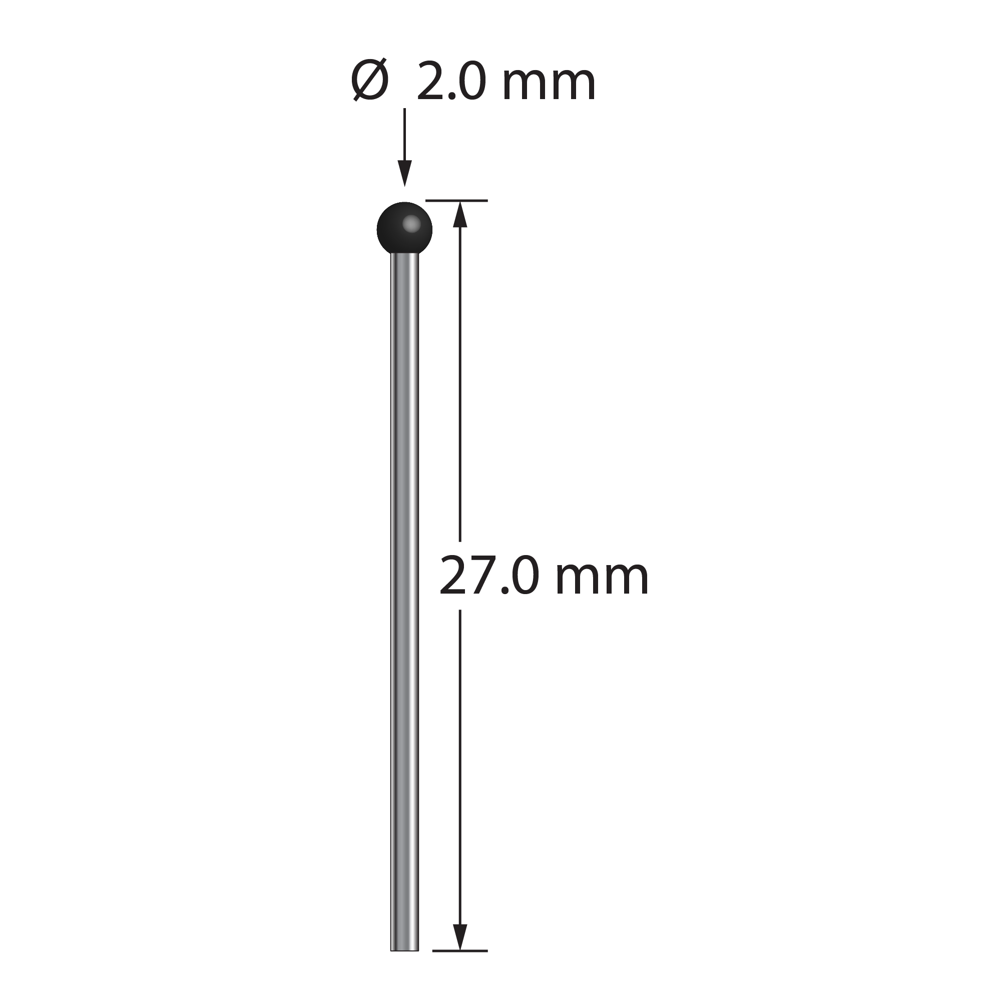 TST-2027-DS1-SN unthreaded stylus with 2.0mm silicon nitride ball and carbide stem, 25.0mm length.