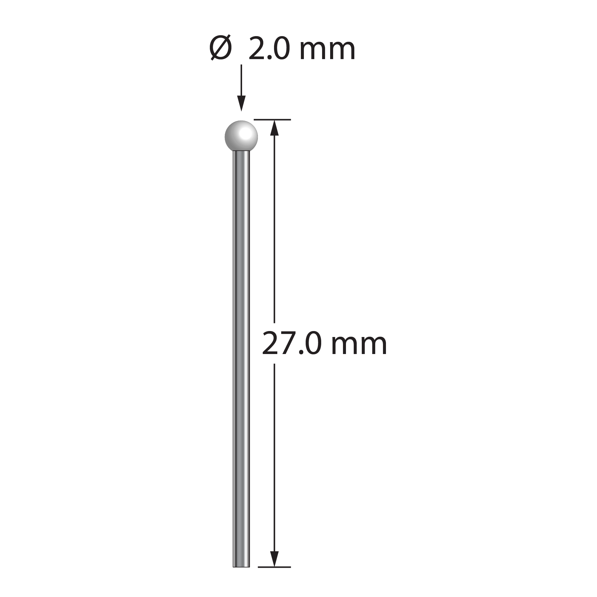 TST-2027-DS1-Z unthreaded stylus with 2.0mm zirconia ball and carbide stem, 25.0mm long by Q-Mark Manufacturing, Inc.