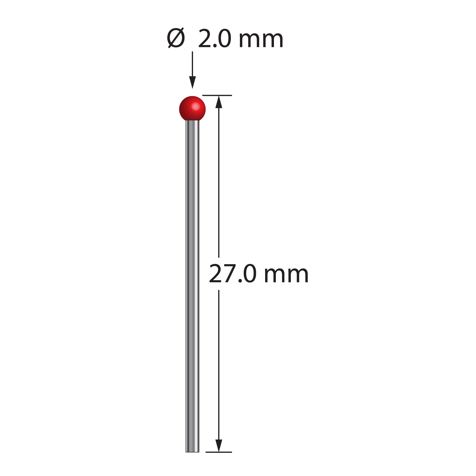 TST-2027-DS1 unthreaded stylus with 2.0mm ruby ball and carbide stem, 25.0mm long by Q-Mark Manufacturing, Inc.